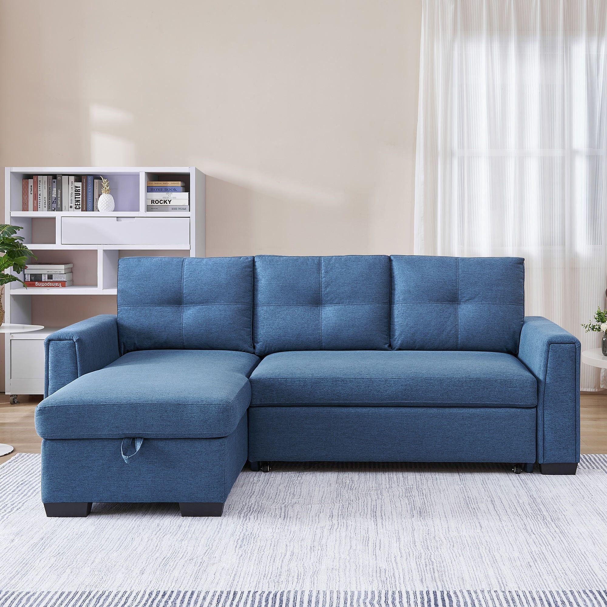 Polyester Blend Convertible Futon Sleeper Sofa With Black Legs - Blue