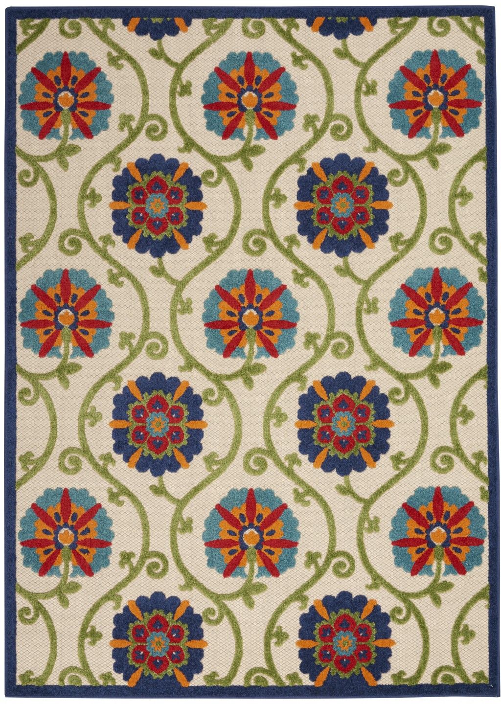 4' X 6' Floral Outdoor / Indoor Area Rug - Ivory / Blue