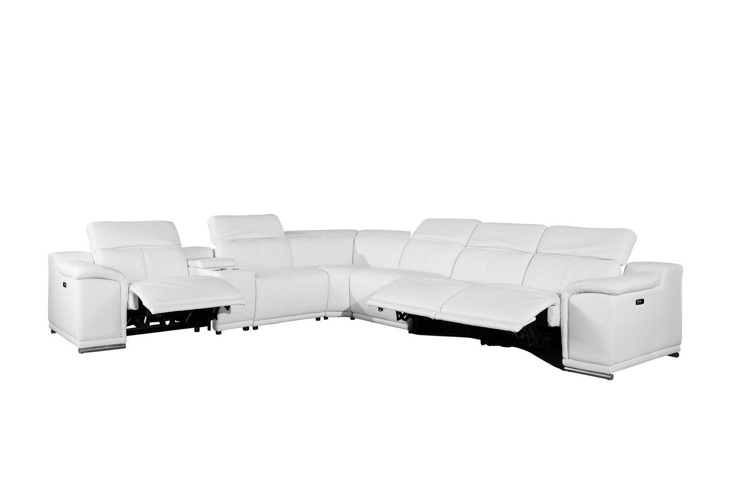 Italian Leather Power Reclining U Shaped Seven Piece Corner Sectional With Console - White