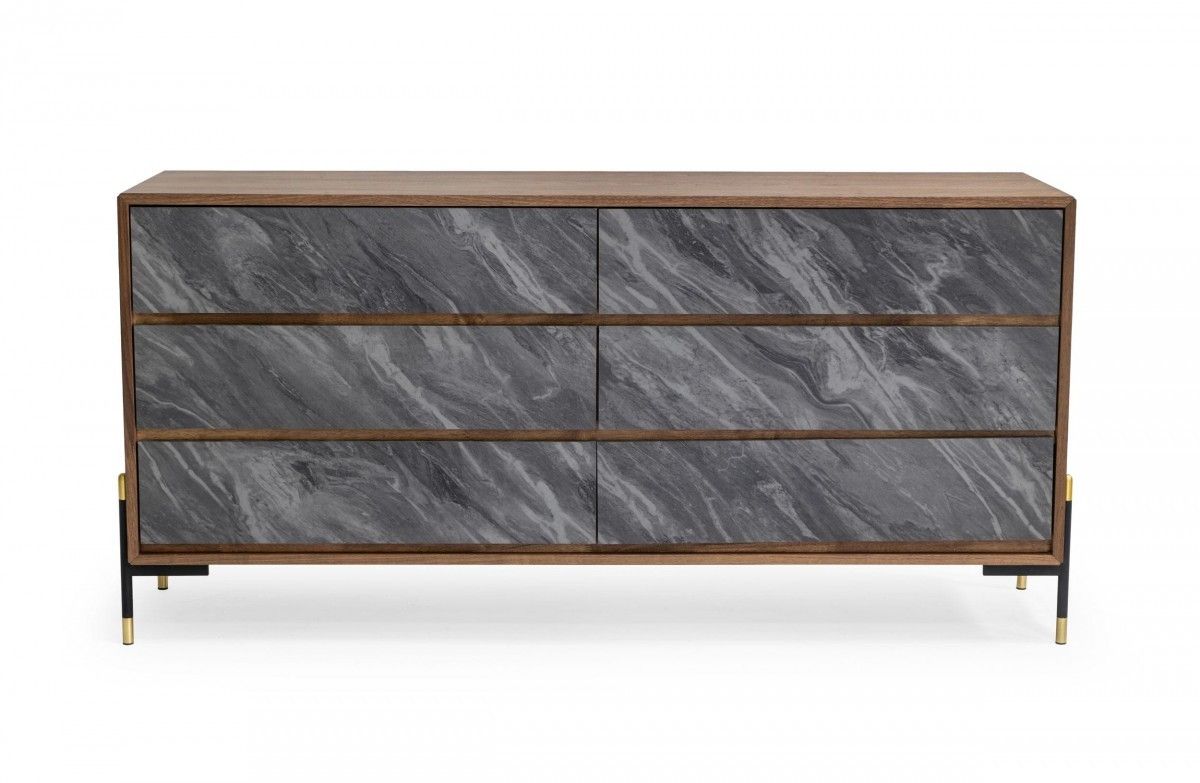 Faux Marble Wood Six Drawer Double Dresser - Walnut And Gray