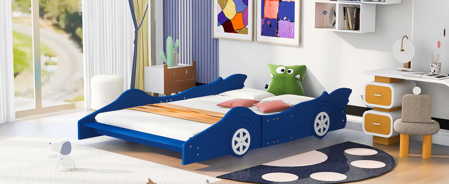 Full Size Race Car-Shaped Platform Bed With Wheels - Blue