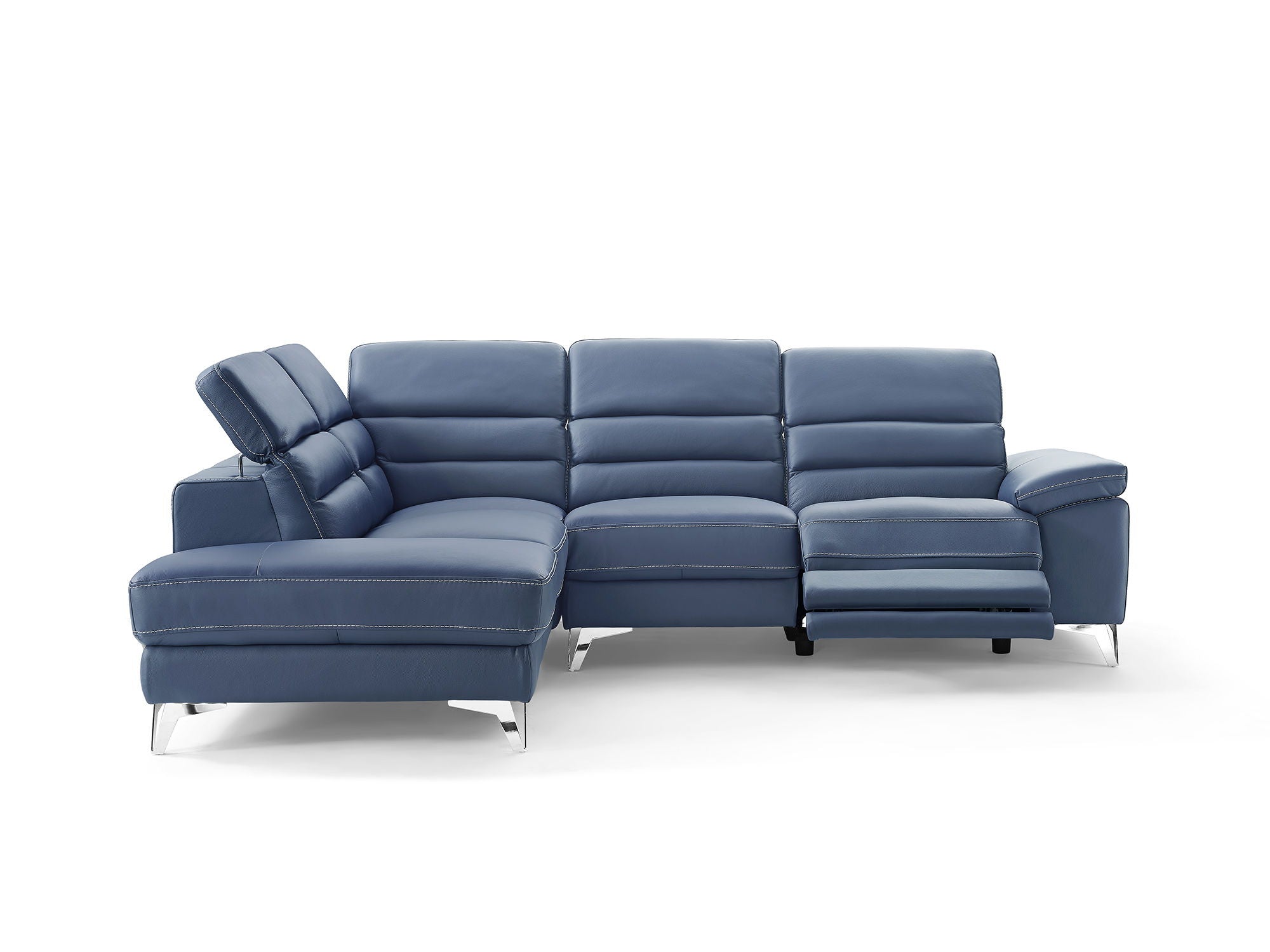 Top Grain Leather Reclining L Shaped Two Piece Sofa And Chaise Sectional - Navy Blue