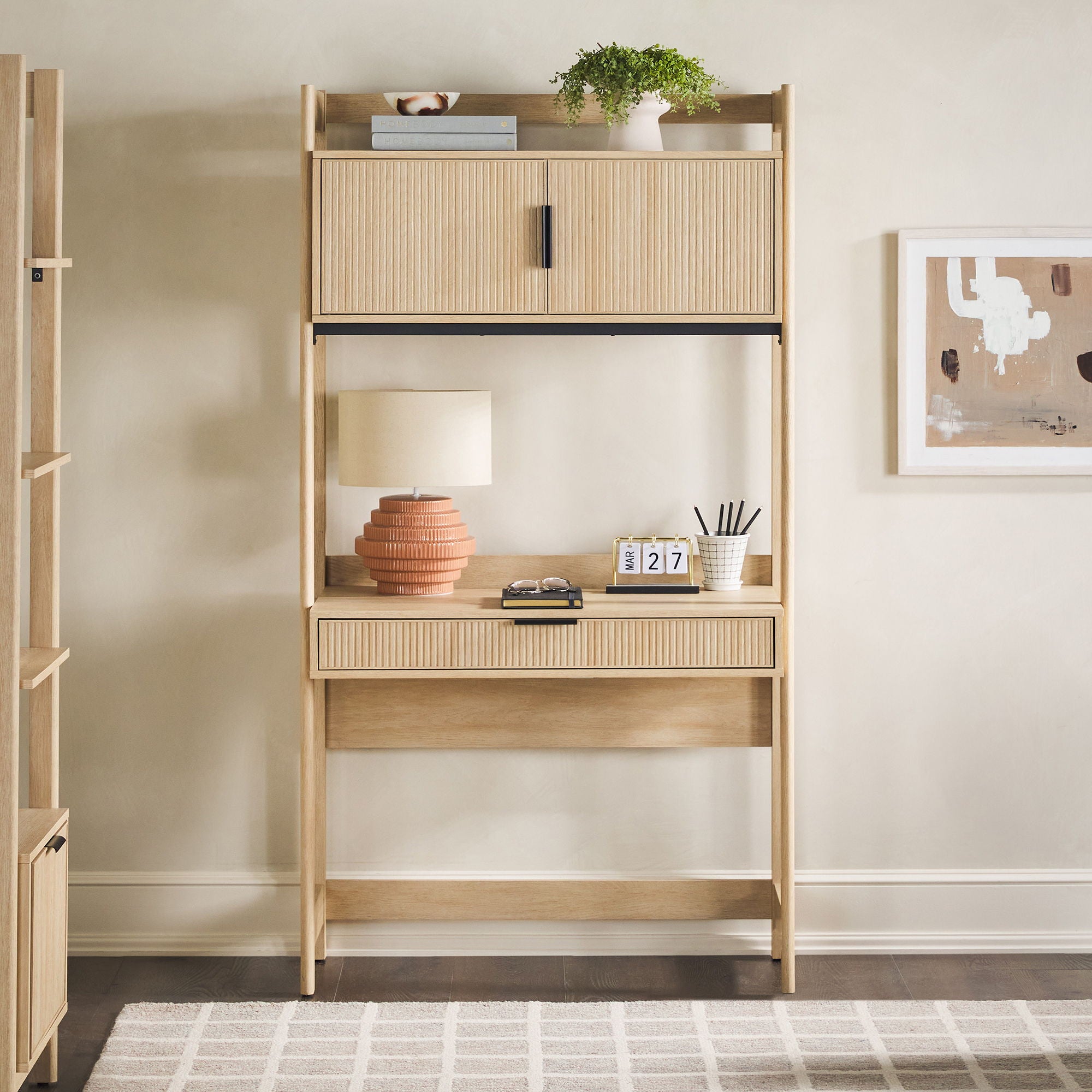 Transitional Reeded Desk With Hutch And Drawers Plus Tech Management