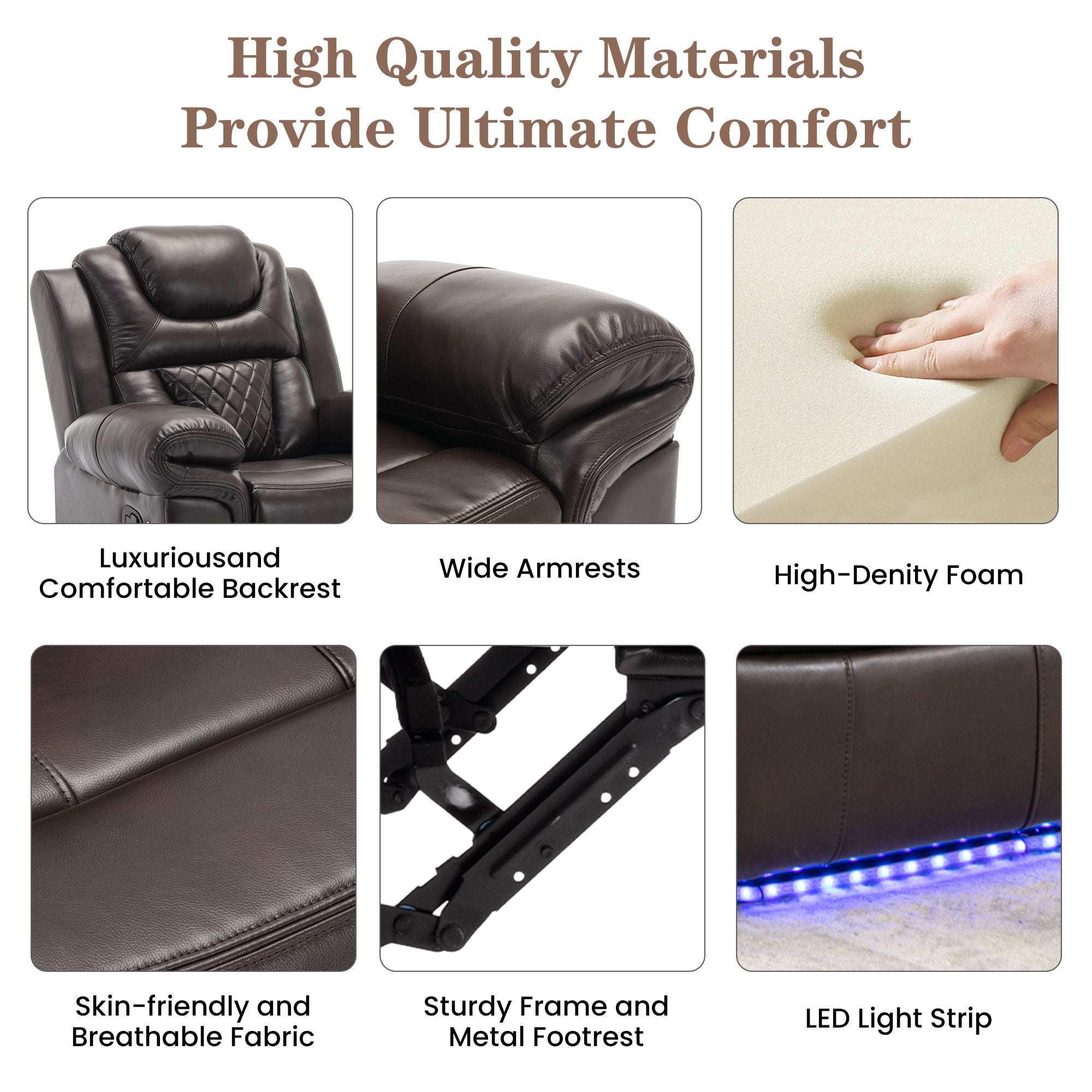 Home Theater Seating Manual Recliner Chair With Center Console And Led Light Strip For Living Room