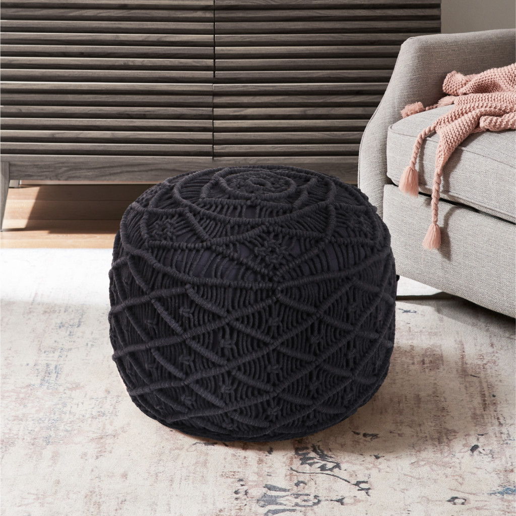 Cotton Blend Round Floral Pouf Ottoman - Black