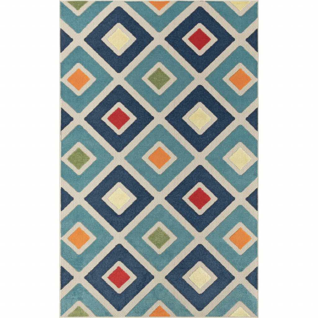 4' X 6' Geometric Stain Resistant Area Rug Indoor & Outdoor - Ivory / Blue