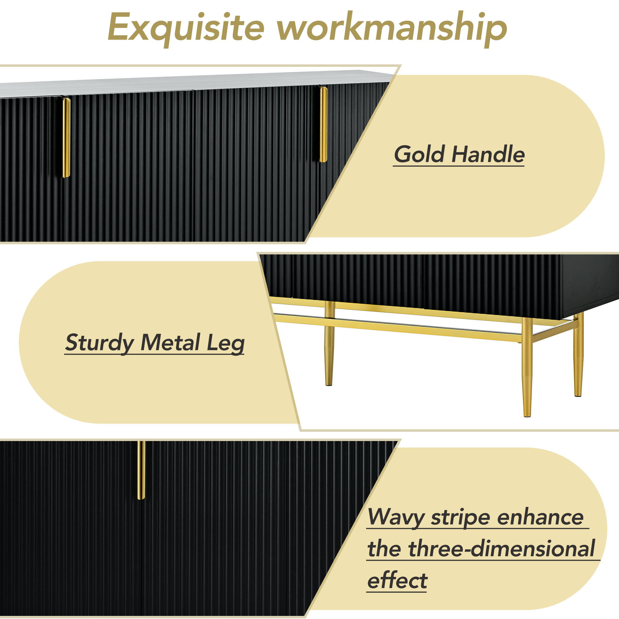 Modern Elegant 4 Door Sideboard Gold Metal Handle Buffet Cabinet For Dining Room, Living Room, Bedroom, Hallway