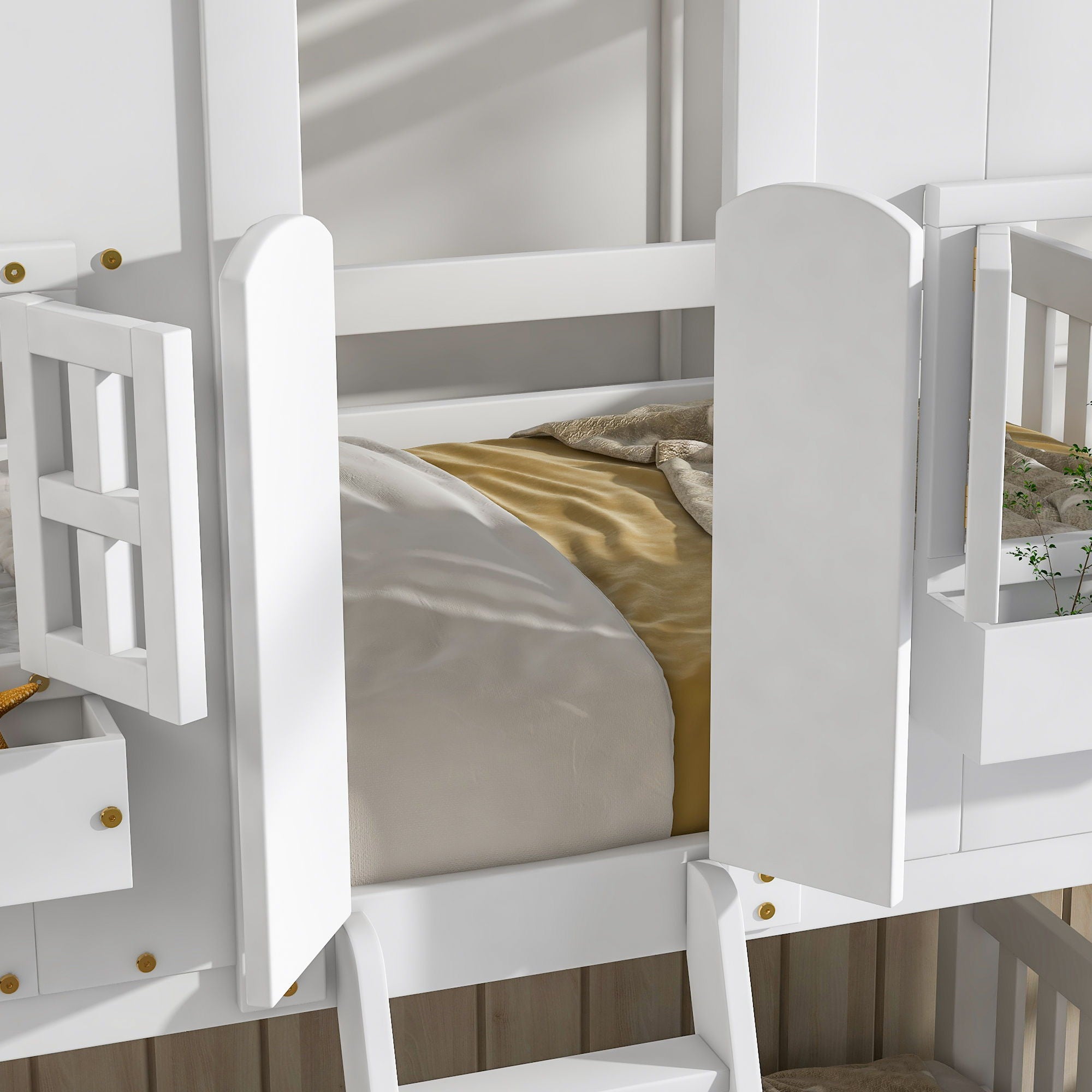 House Bunk Bed With Roof, Window, Window Box, Door, With Safety Guardrails And Ladder