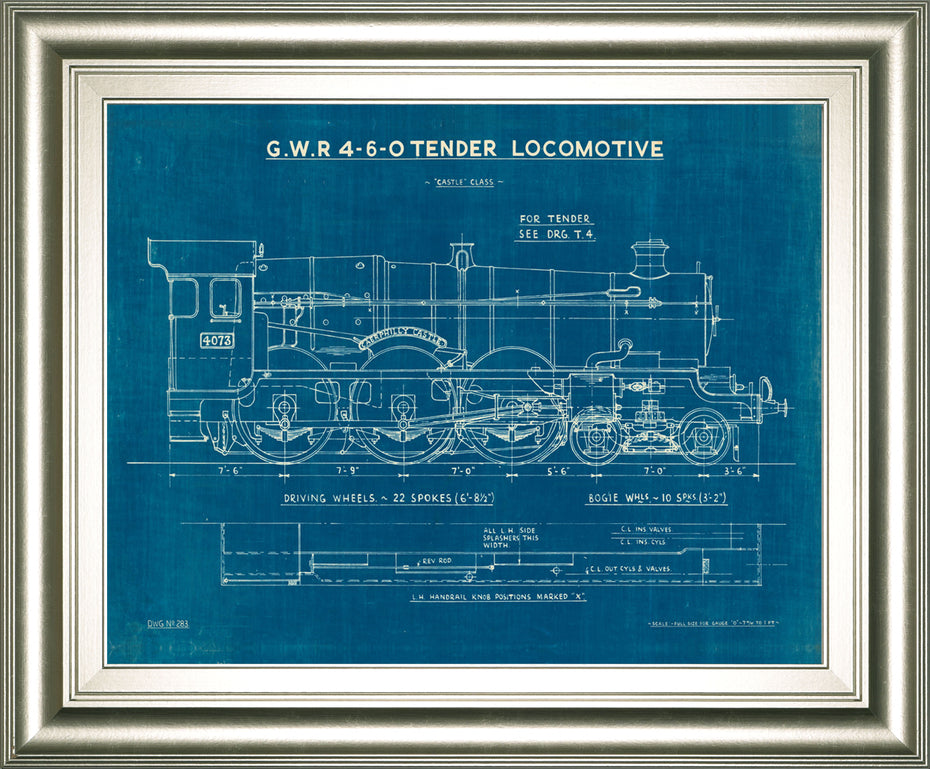 Locomotive Blueprint I By Wild Apple Portfolio - Framed Print Wall Art - Blue