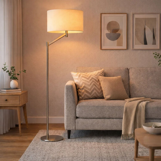Serene - Floor Lamp With Rotary Switch Base Linen Shade - Brushed Nickel / White