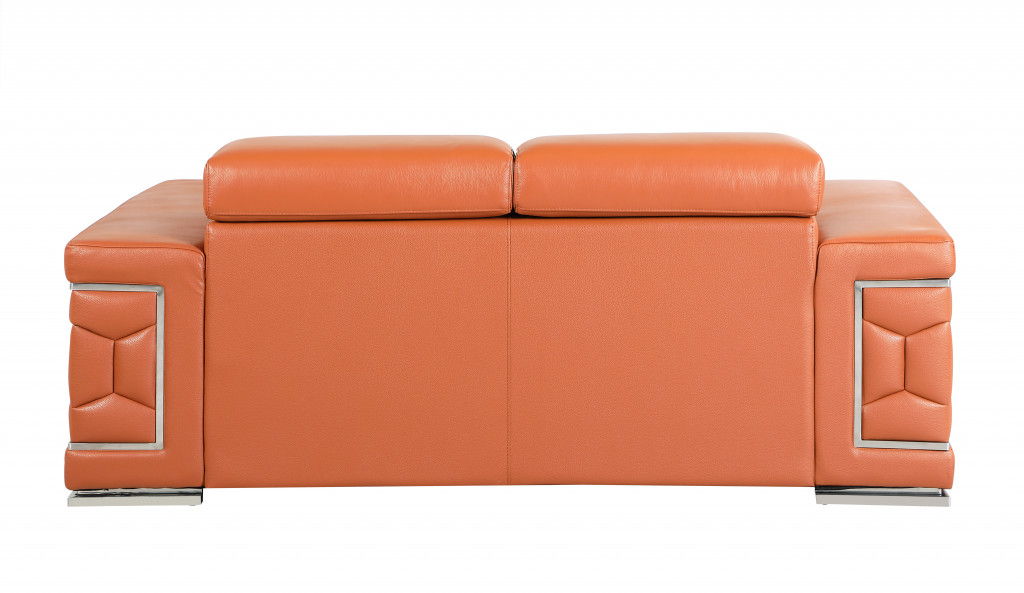 Genuine Leather Love Seat - Camel / Silver