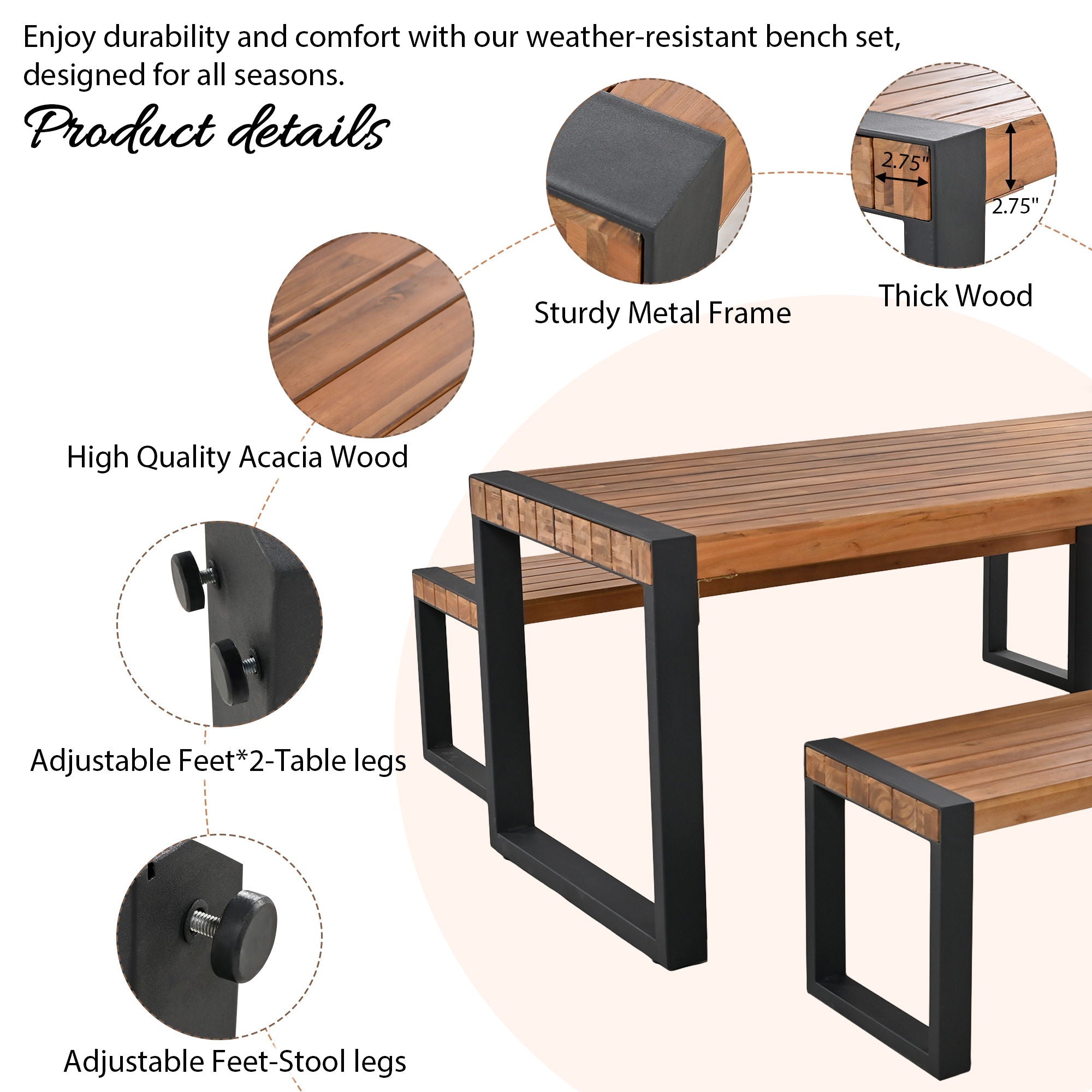 3 Pieces Outdoor Dining Table With 2 Benches, Patio Dining Set With Unique Top Texture, Acacia Wood Top & Steel Frame, All Weather Use, For Outdoor & Indoor - Natural