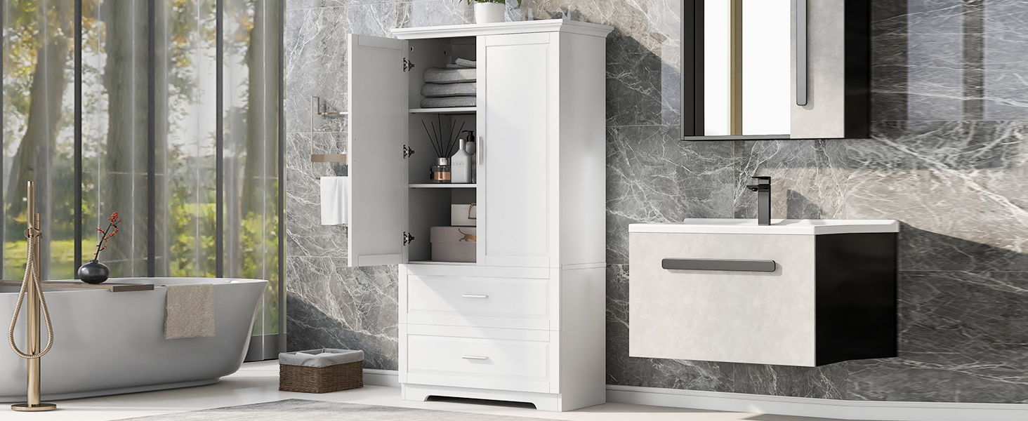 Tall Bathroom Storage Cabinet, With Two Doors And Drawers, Adjustable Shelf, MDF Board - White