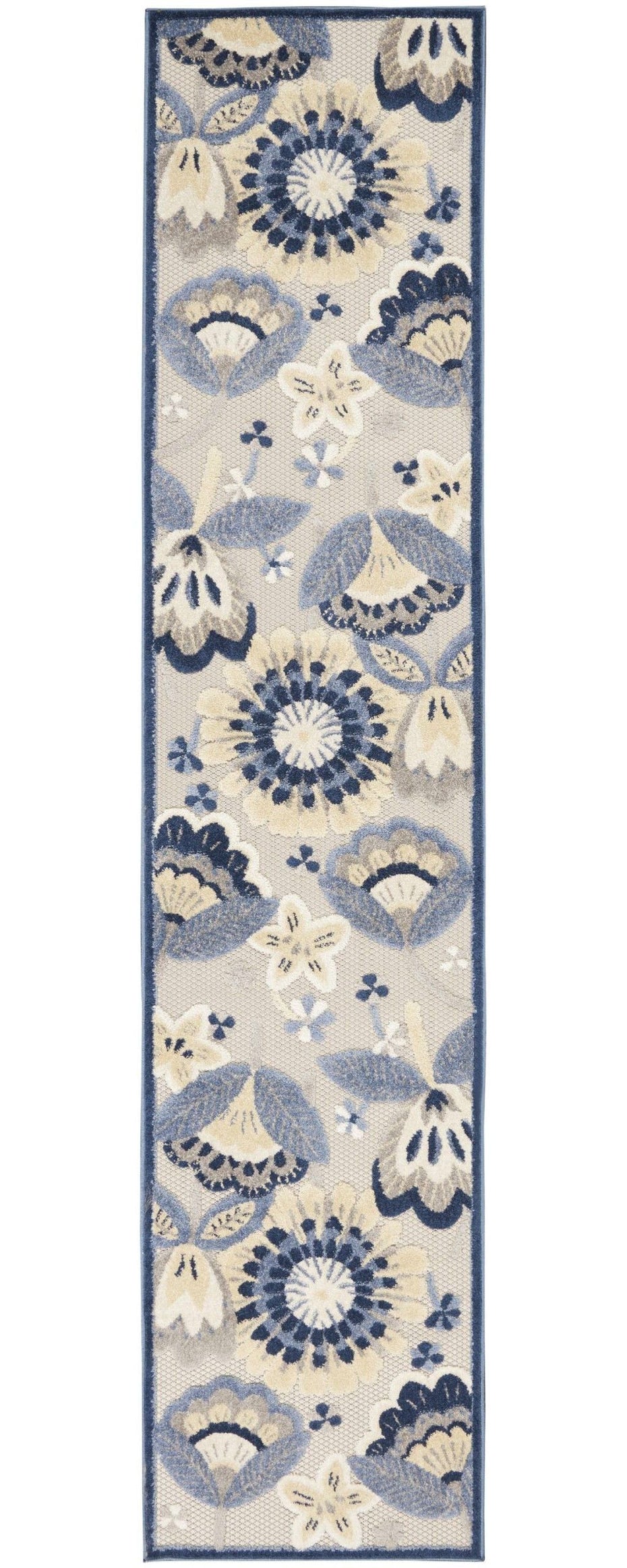 2' X 10' Floral Non Skid Indoor / Outdoor Runner Rug - Blue / Gray