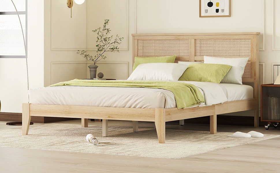 Queen Size Rubber Wooden, Solid Wooden Bed With Rattan Headboard, Enhanced By Support Feet - Natural