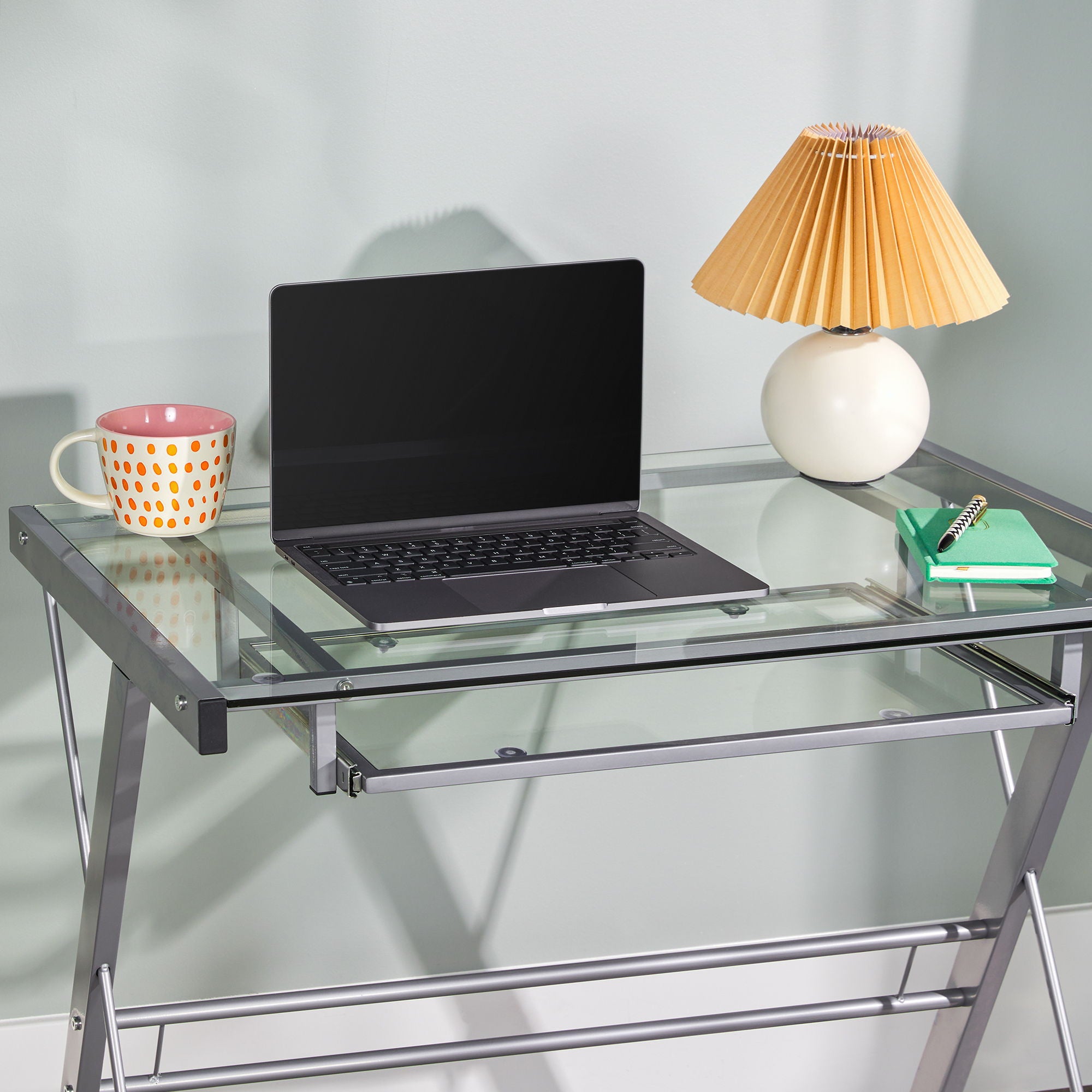 Modern Metal And Glass Computer Desk With Keyboard Tray - Silver