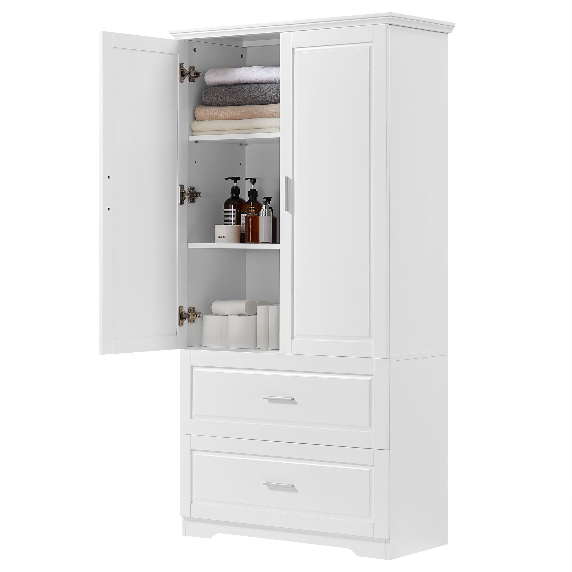 Tall Bathroom Storage Cabinet, Cabinet With Two Doors And Drawers, Adjustable Shelf, MDF Board - White