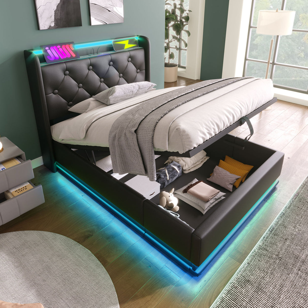 Upholstered Bed, 360 Surround LED Function, Remote Control, Hydraulic Storage Bed With USB, Type-C Charging (Without Mattress)