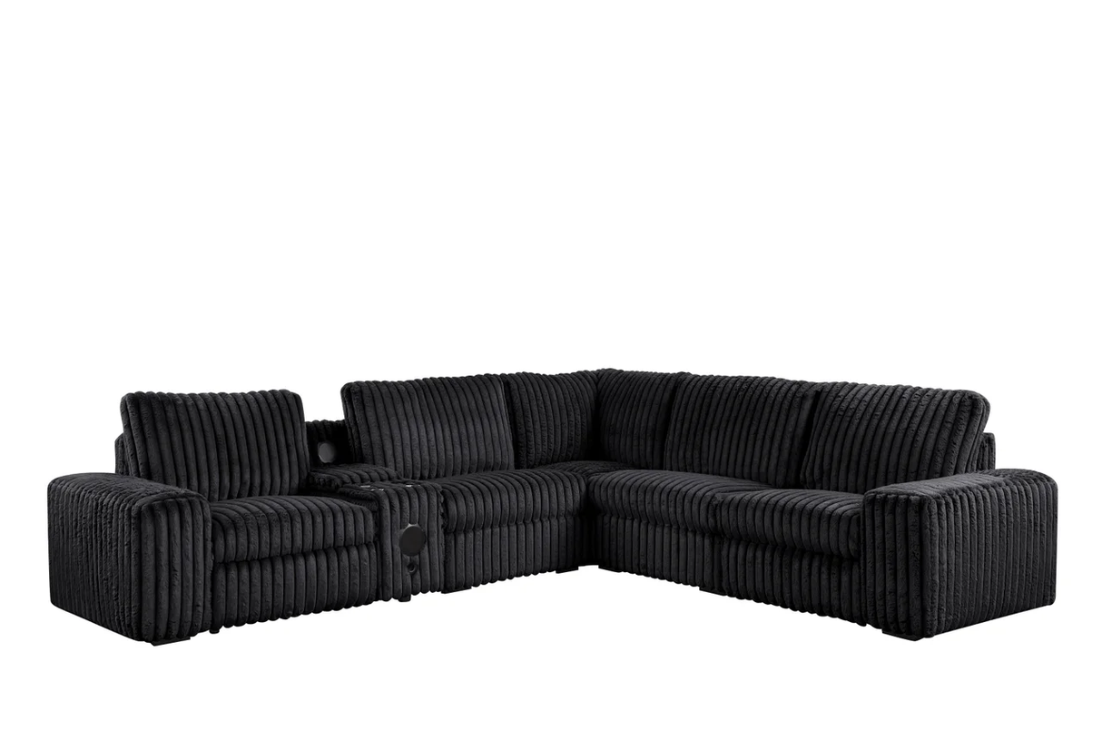 Amelia Onyx Corduroy Fabric Power Reclining Sectional with Storage Console & Bluetooth Speakers