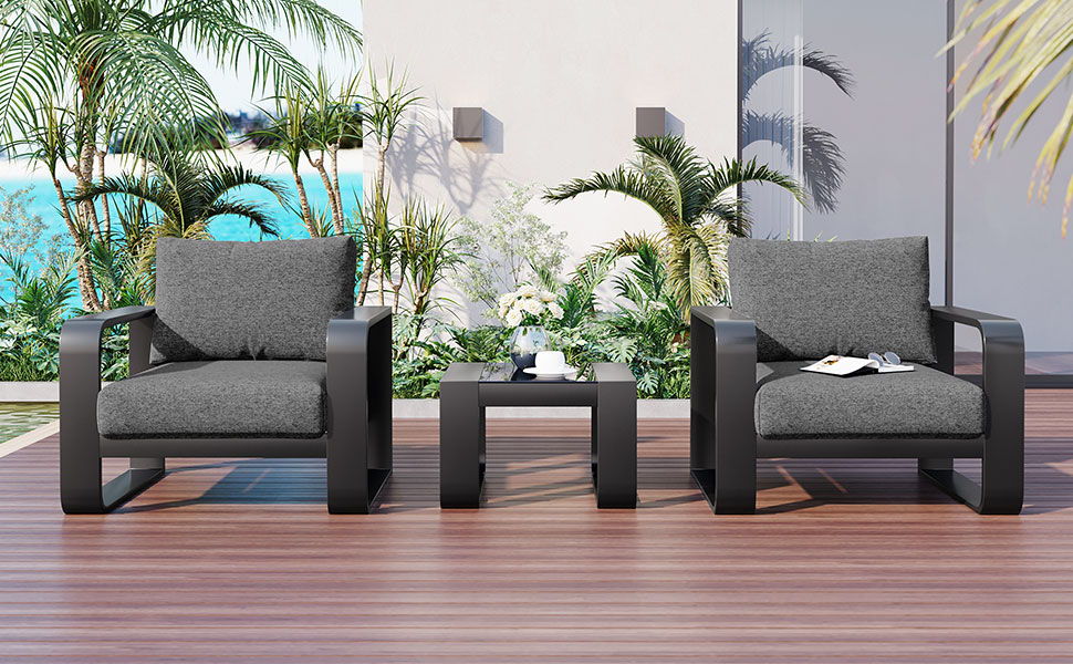 3 Piece Aluminum Frame Patio Furniture With 6.7" Thick Cushion And Coffee Table, All Weather Use Olefin Fabric Outdoor Chair - Gray / Black