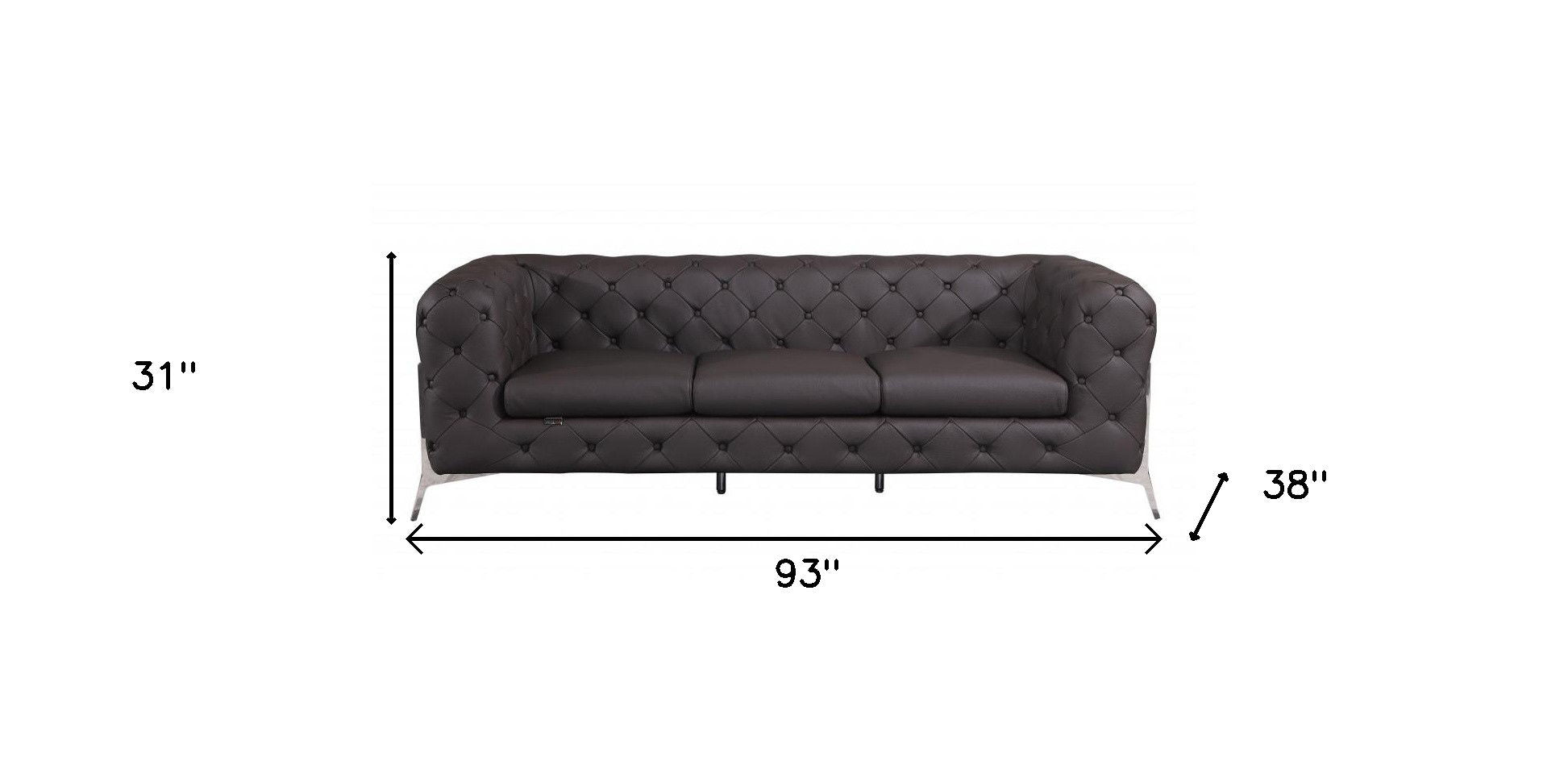 Italian Leather Sofa With Silver Legs - Dark Brown