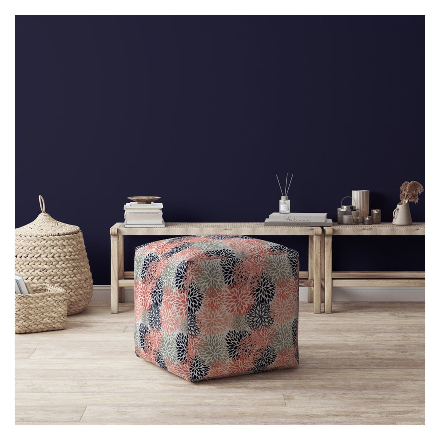 Polyester Floral Pouf Ottoman - Coral