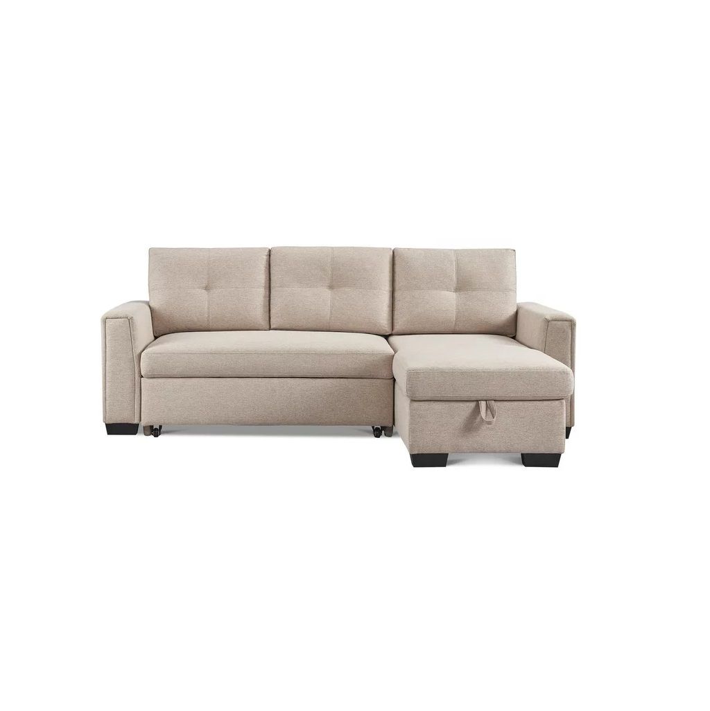 Polyester Blend Convertible Futon Sleeper Sofa With Black Legs - Beige