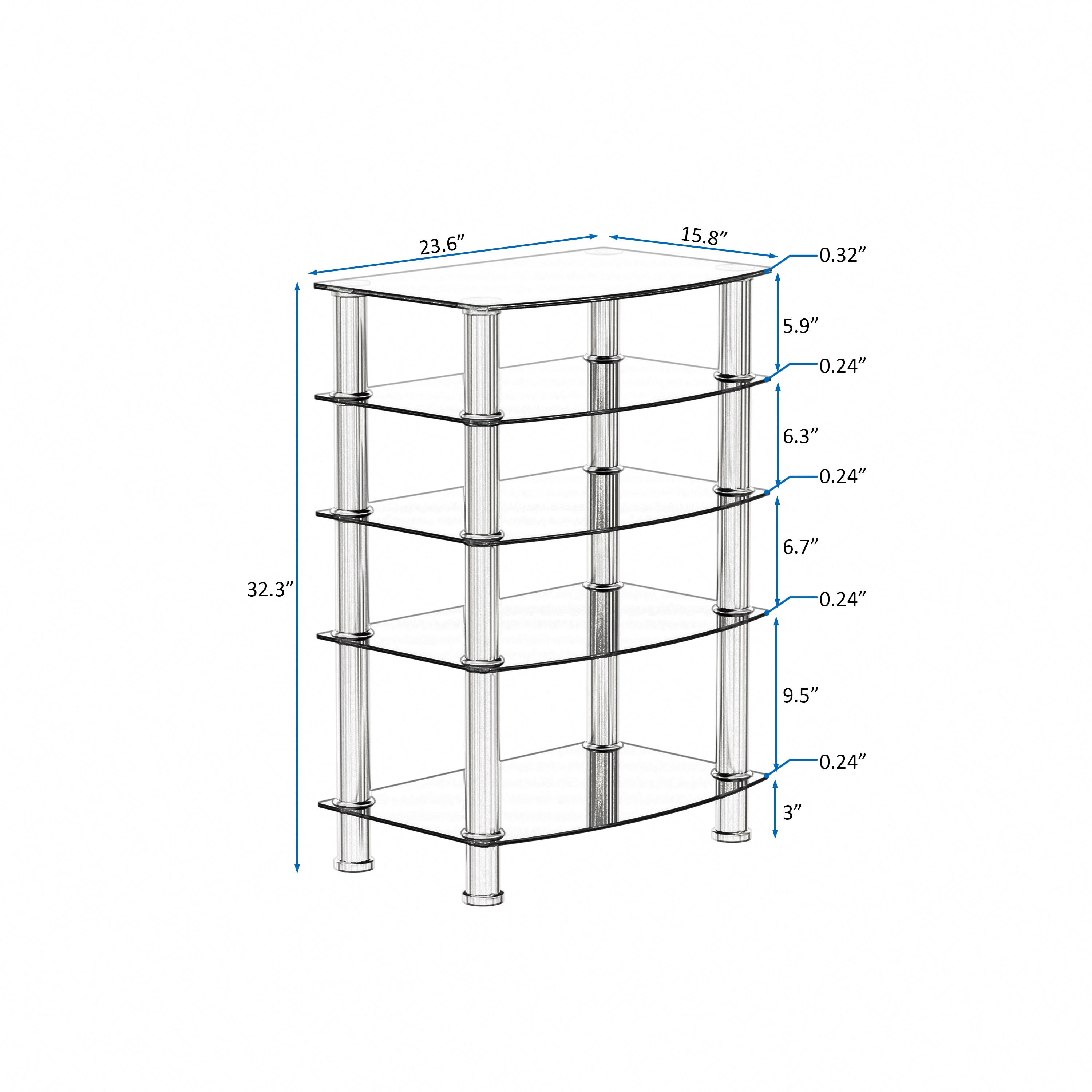 5 Tier Tempered Glass Side Table, Stainless Steel Frame End Table For Living Room, Bedroom - Black