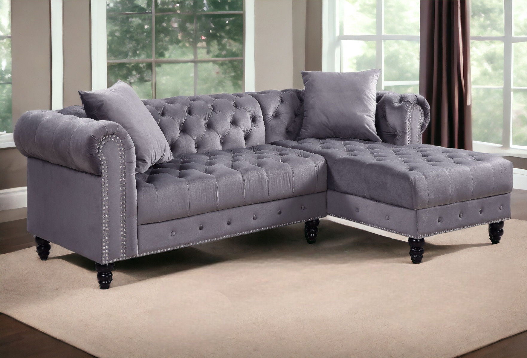 Velvet L Shaped Sofa And Chaise Sectional And Toss Pillows - Gray