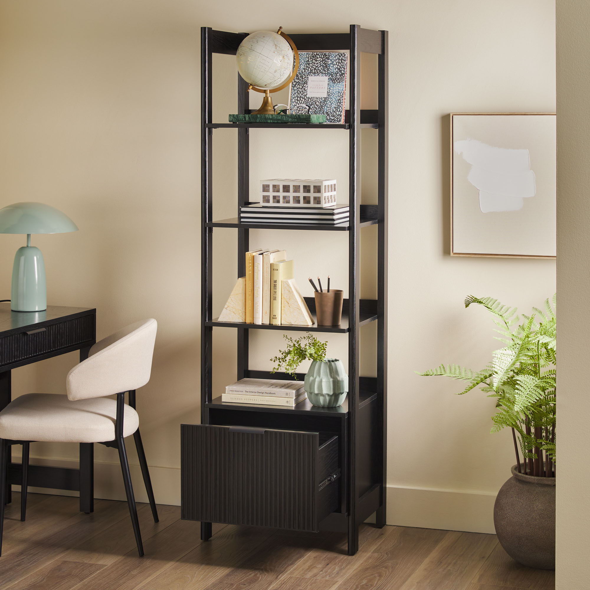 Transitional Narrow Bookshelf With Drawer On Bottom