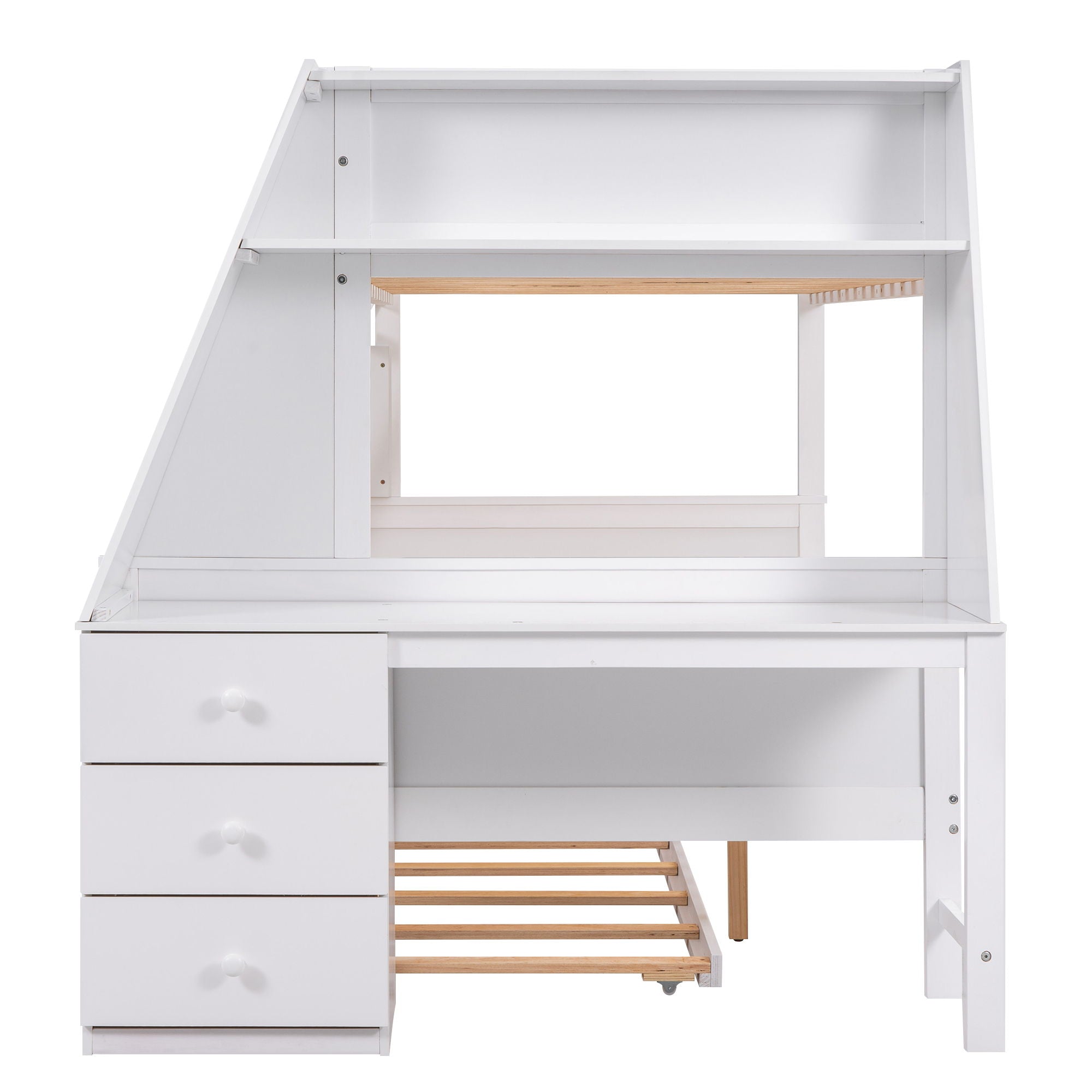 Twin Over Full Bunk Bed With Trundle And Built-In Desk, Three Storage Drawers And Shelf - White