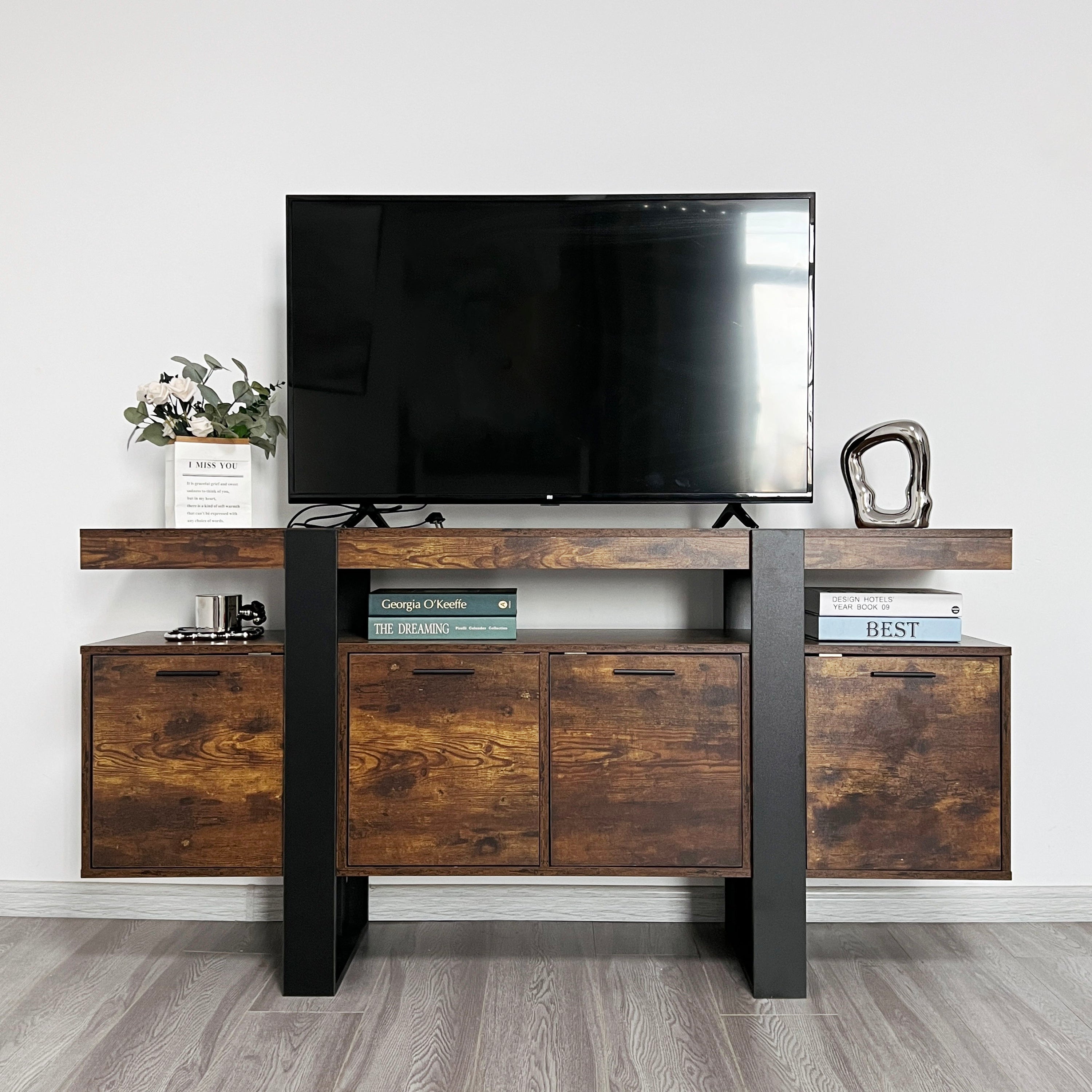 Modern TV Stand With Storage Cabinets For 75" TV, Wood TV Entertainment Center TV Media Console Table With Metal Leg For Living Room - Brown