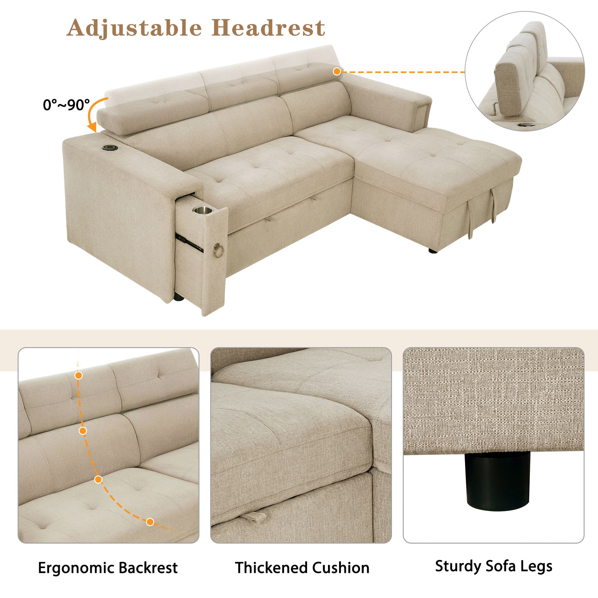 Multi-Functional Pull-Out Sofa Bed L-Shape Sectional Sofa With Adjustable Headrest, Wireless Charging, Cup Holders And Hidden Storage For Living Room