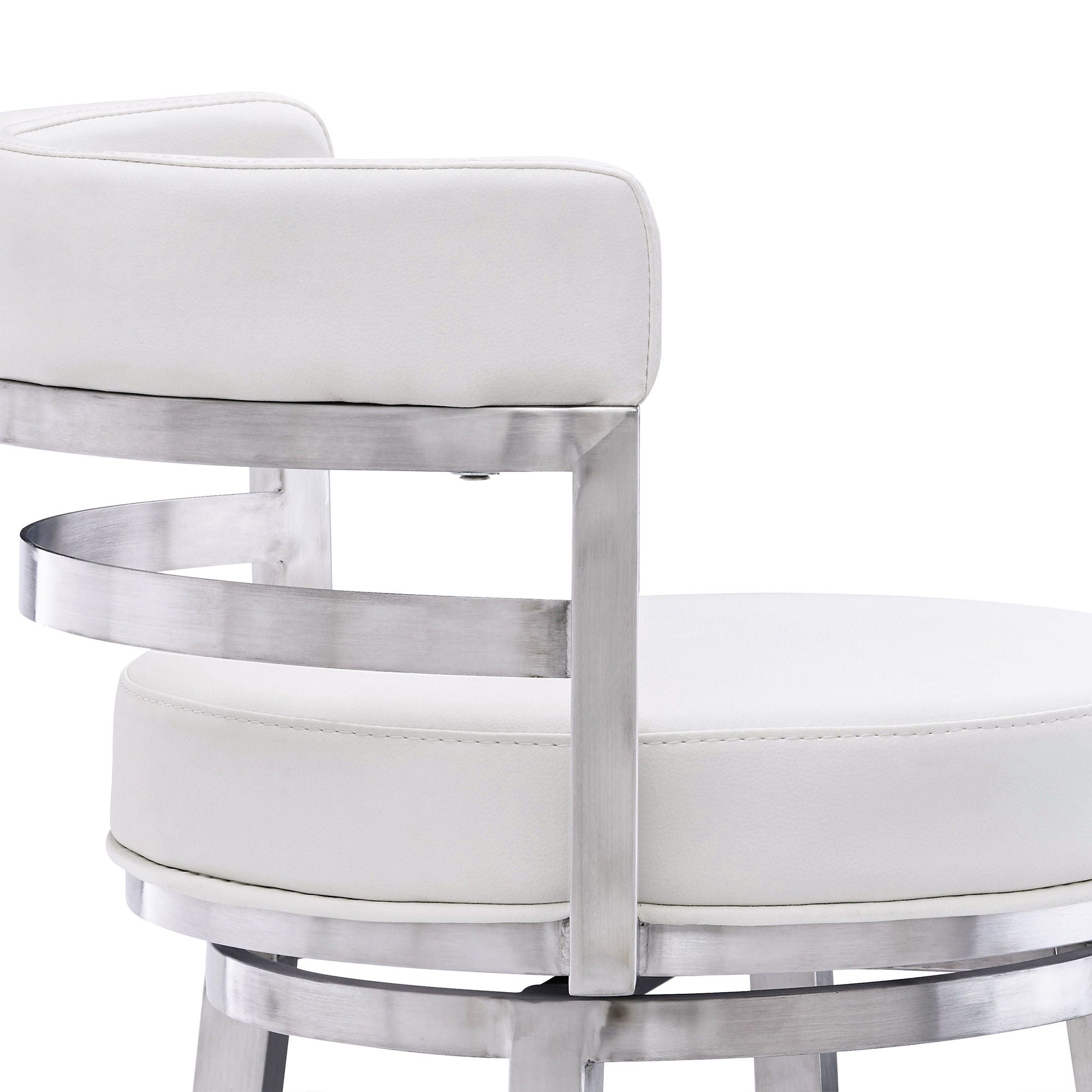 39" Faux Leather Swivel Low Back Bar Height Bar Chair - White / Silver