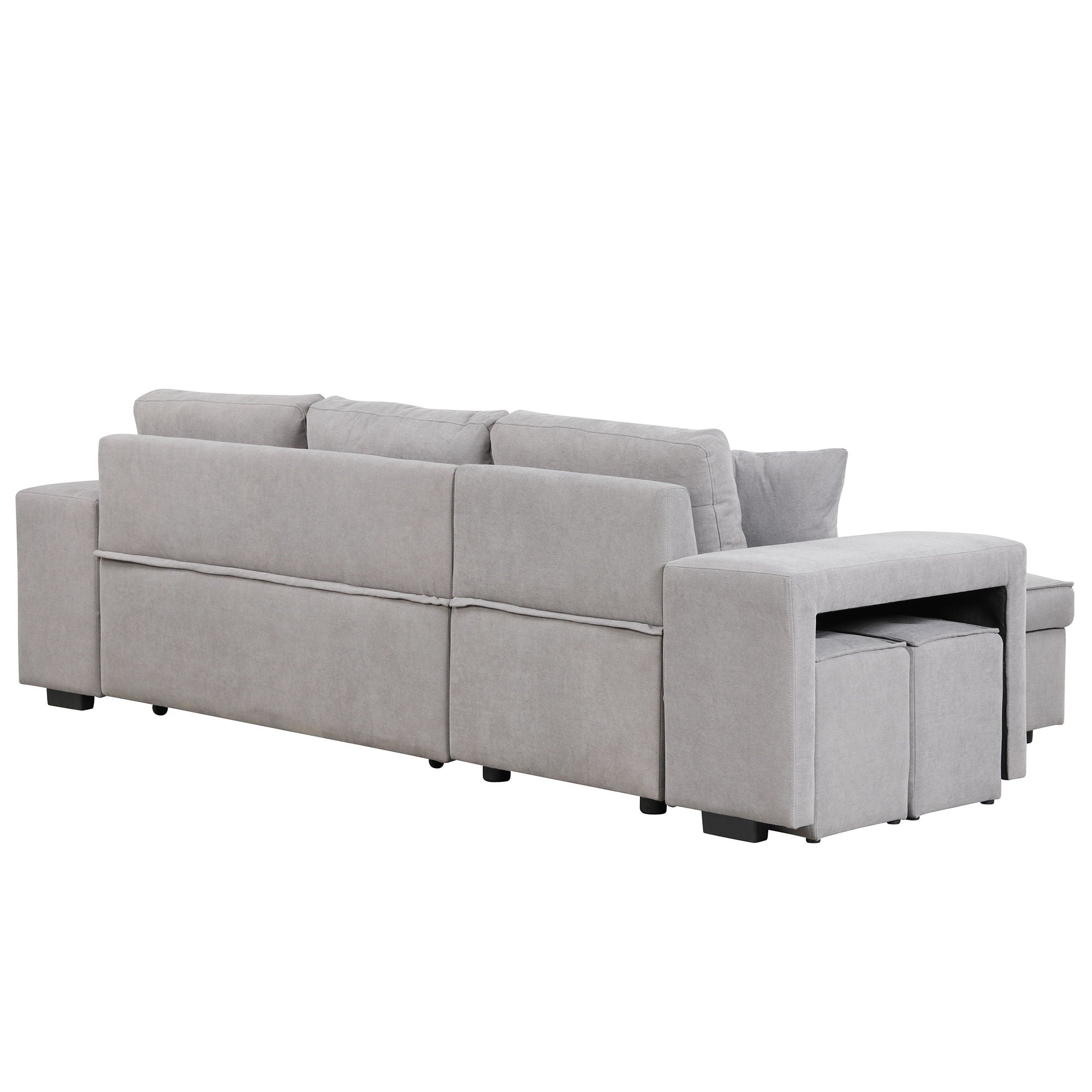 Pull Out Sleeper Sofa Reversible L-Shape 3 Seat Sectional Couch With Storage Chaise And 2 Stools For Living Room Furniture Set - Gray