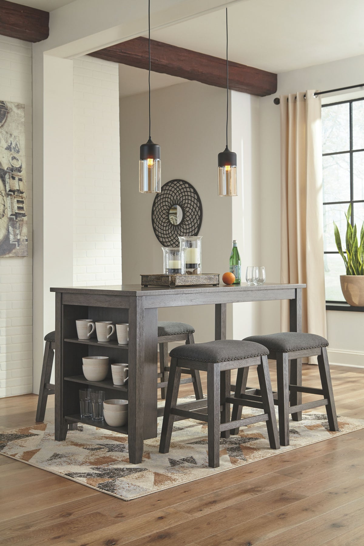 Caitbrook - Rectangular Counter Table Set Gray 5 Pc. - Rectangular Dining Room Counter Table, 4 Upholstered Stools by Signature Design by Ashley® | Bel Furniture