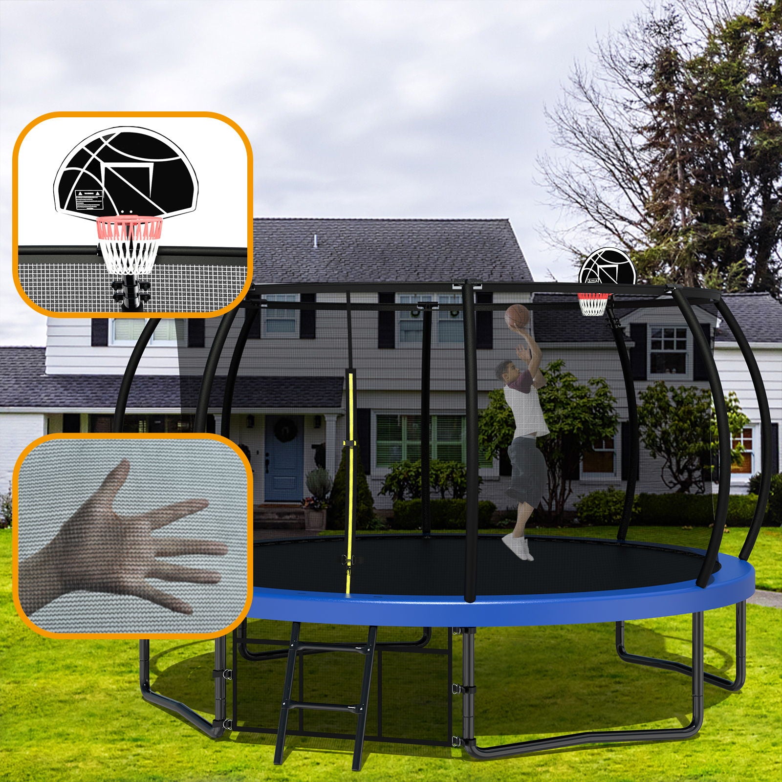 12' Recreational Kids Trampoline With Safety Enclosure Net & Ladder, Outdoor Recreational Trampolines