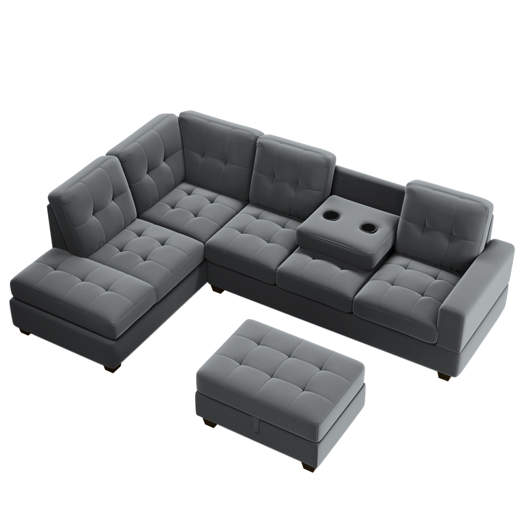 Sectional Sofa With Reversible Chaise Lounge, L-Shaped Couch With Storage Ottoman And Cup Holders