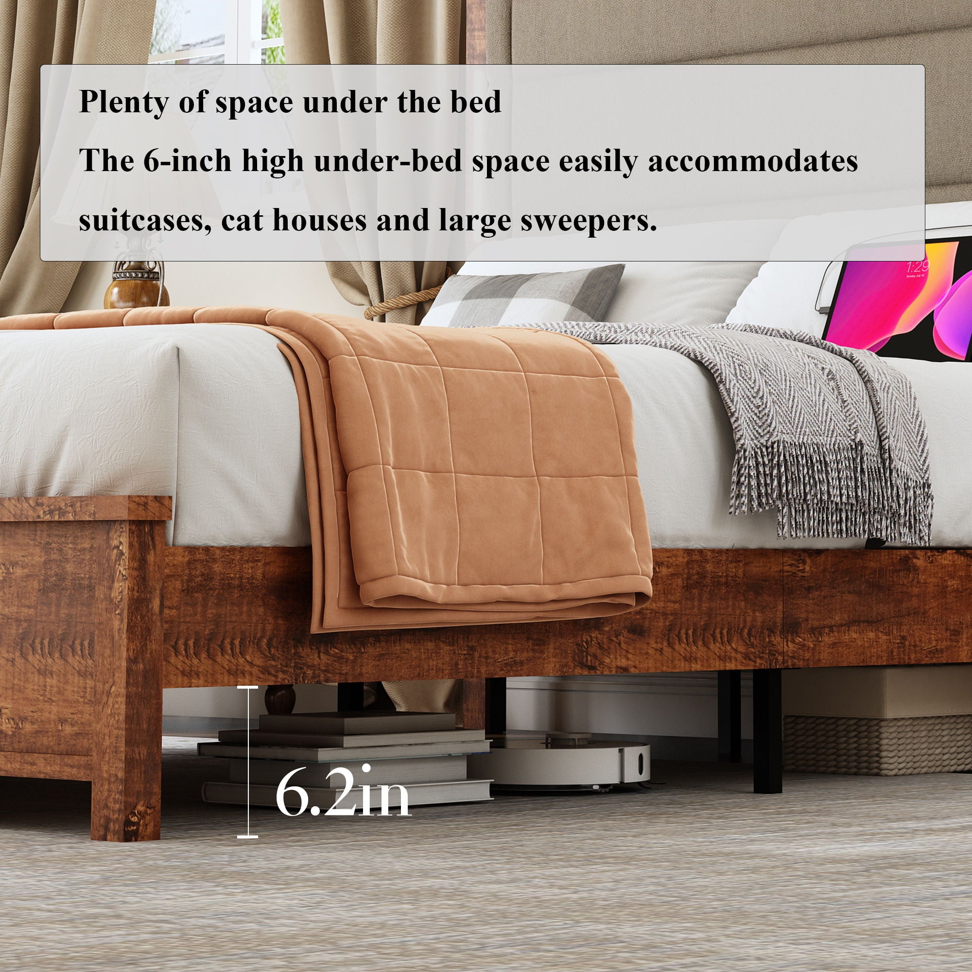 Queen Size Bed Frame With Upholstered Headboard, Queen Bed Frame With Charging Station And LED Lights, Wood Slats, No Box Spring Needed - Gray / Dark Brown