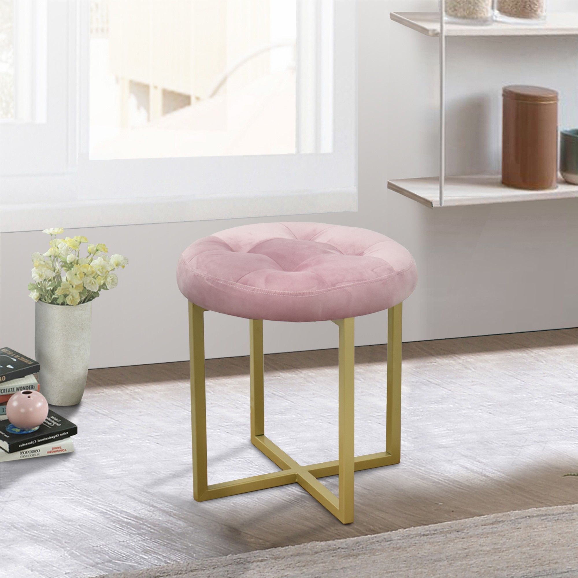 Tufted Velvet Stool - Pink / Gold