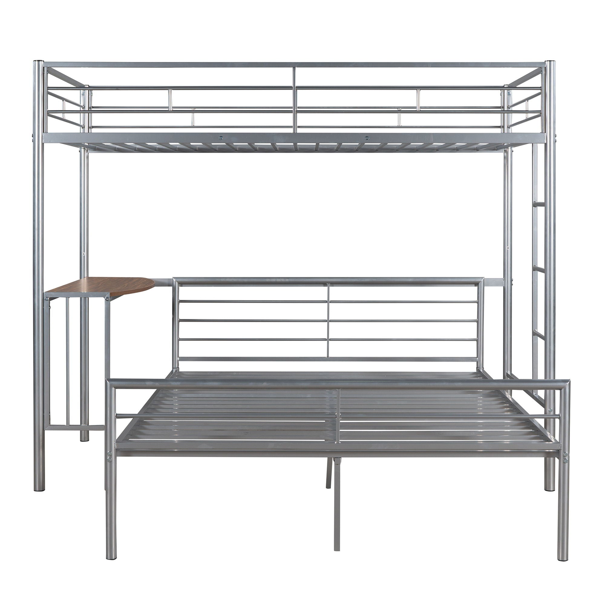 Twin Over Full Metal Bunk Bed With Desk, Ladder And Quality Slats For Bedroom - Silver