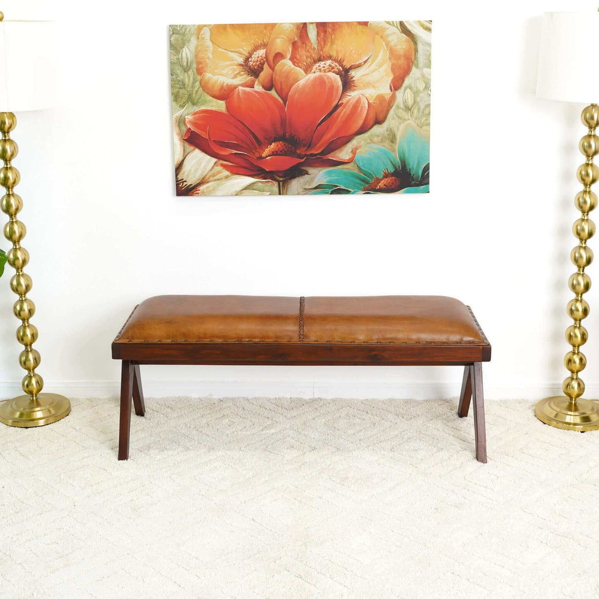 Chad - Mid-Century Modern Leather Bench - Brown / Tan by Ashcroft Furniture | Bel Furniture