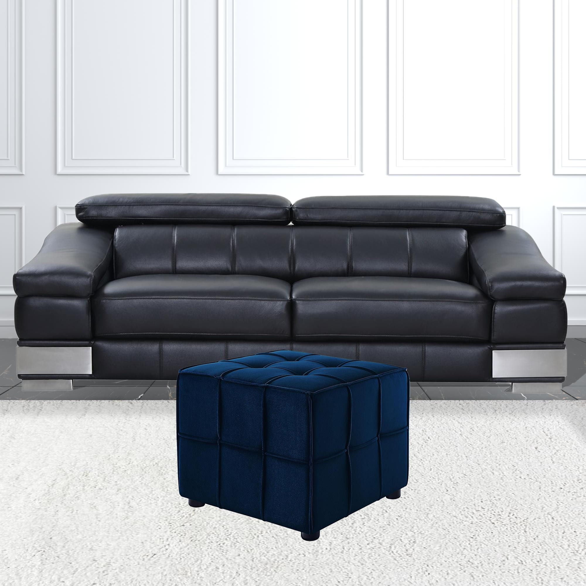 Cube Velvet Ottoman - Navy Blue / Black