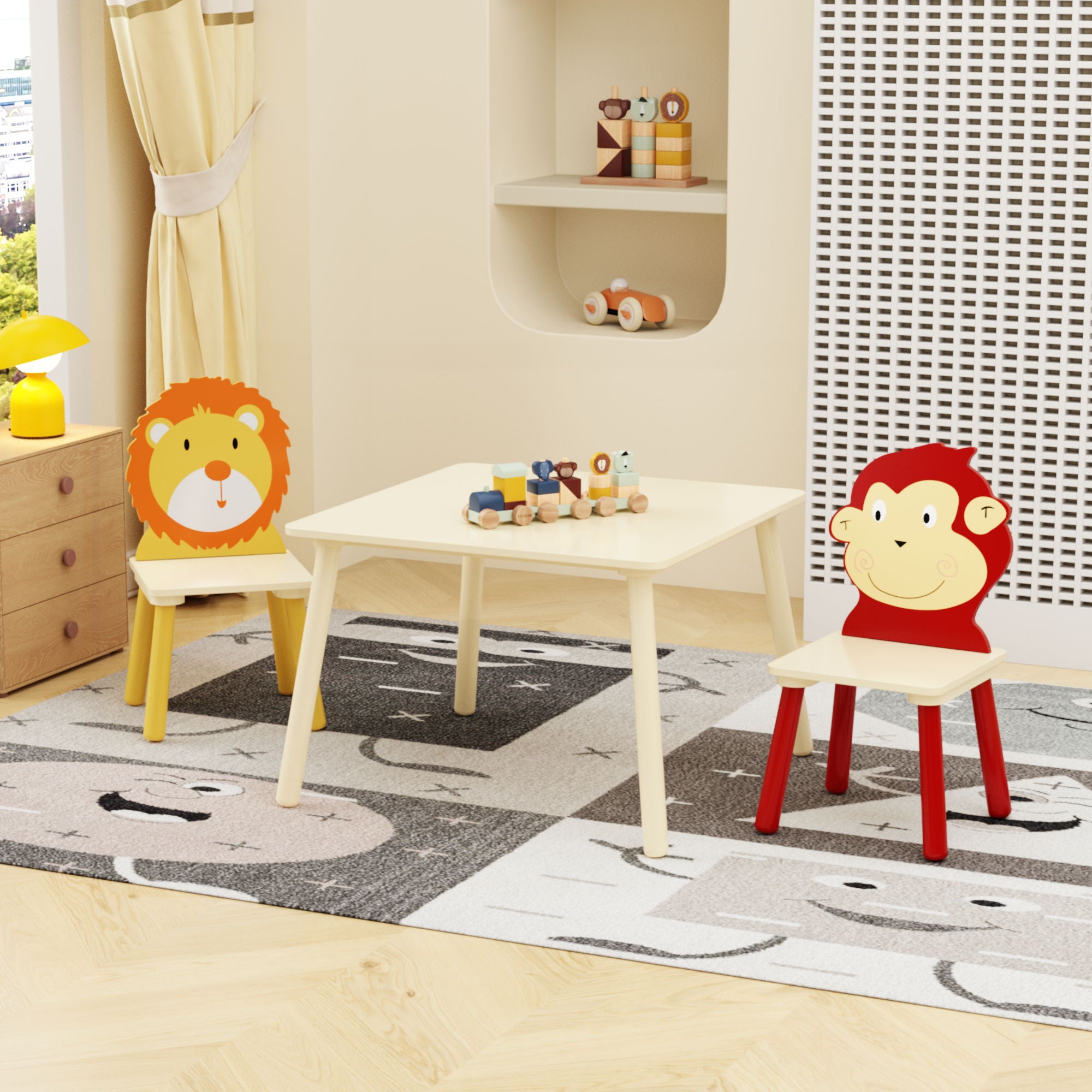 Kids Table And 2 Chairs Set, 3 Pieces Toddler Table And Chair Set, Wooden Activity Play Table Set (Lion&Monkey) - Natural