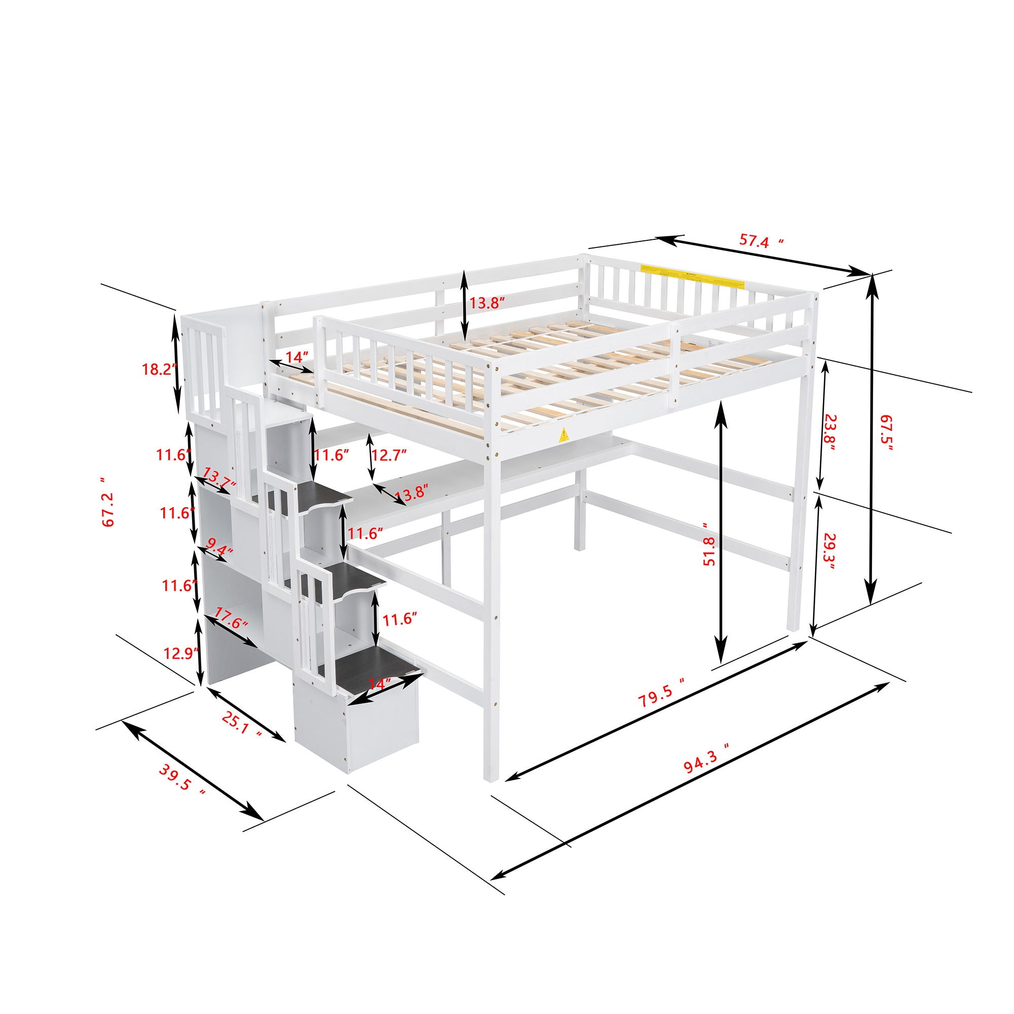 High Loft Bed With Built-In Desk, Ladder Platform, Ladders, Guardrails