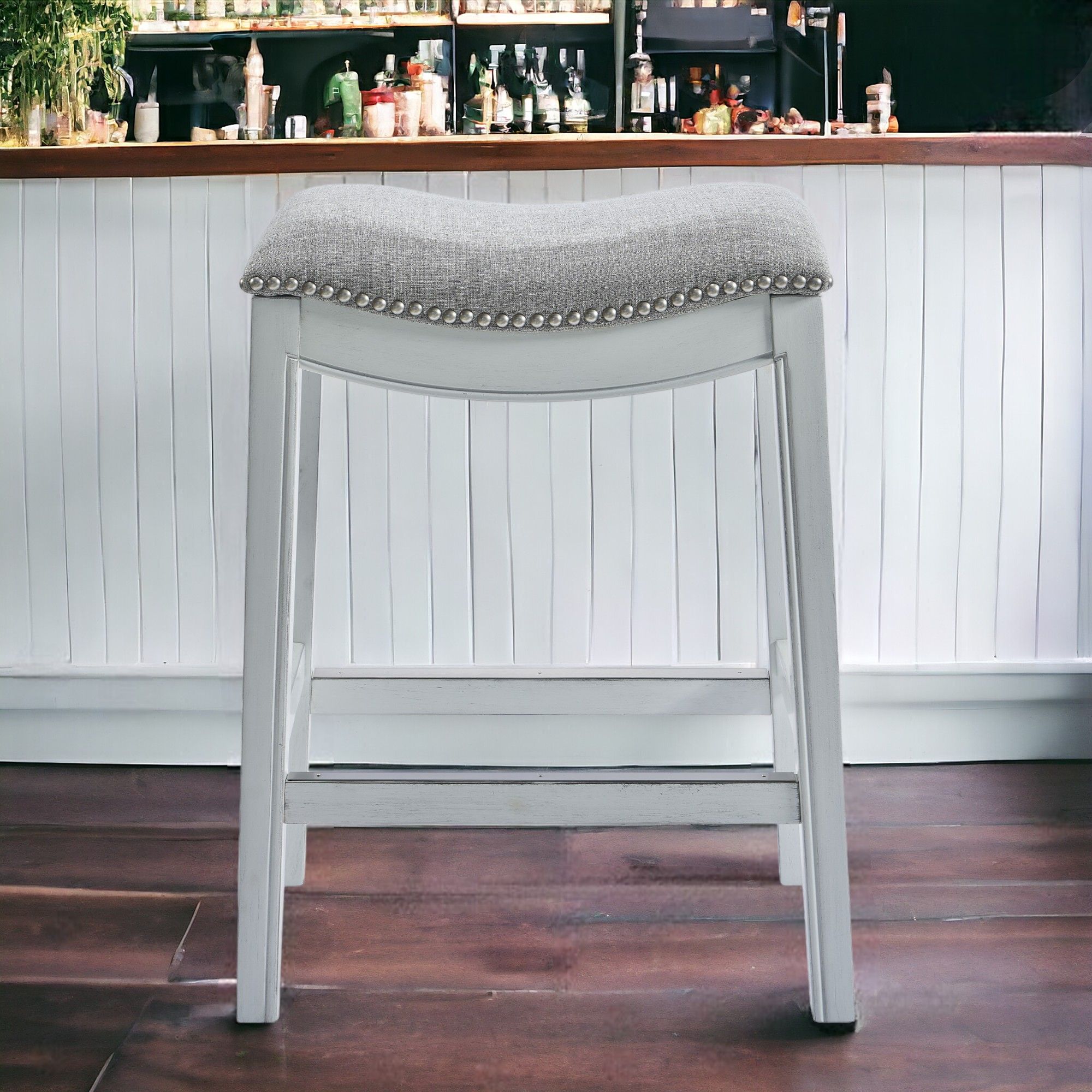 UpholsteRed / Solid Wood Backless Bar Height Bar Chair - Light Gray / White