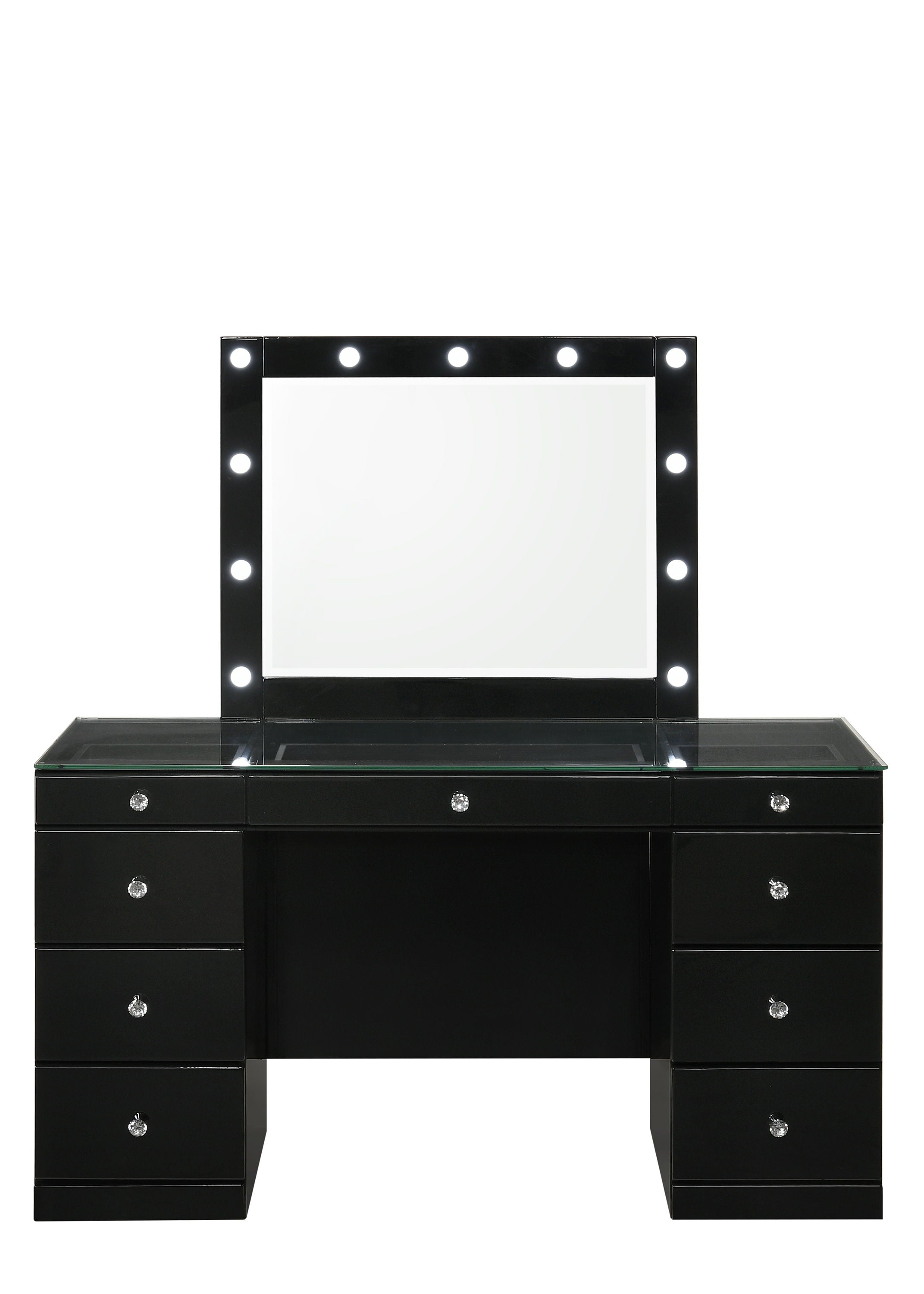 Avery - Vanity Desk With Glass Top, LED Mirror & Stool - Black