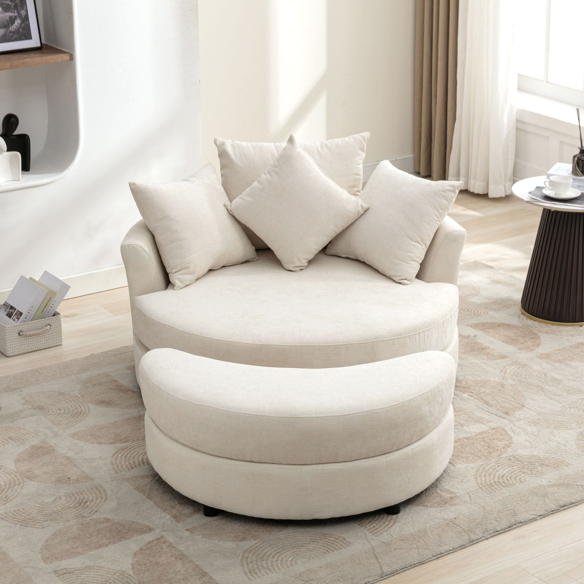 360° Swivel Accent Barrel Chair With Storage Ottoman & 4 Pillows, Modern Chenille Leisure Chair Round Accent For Living Room