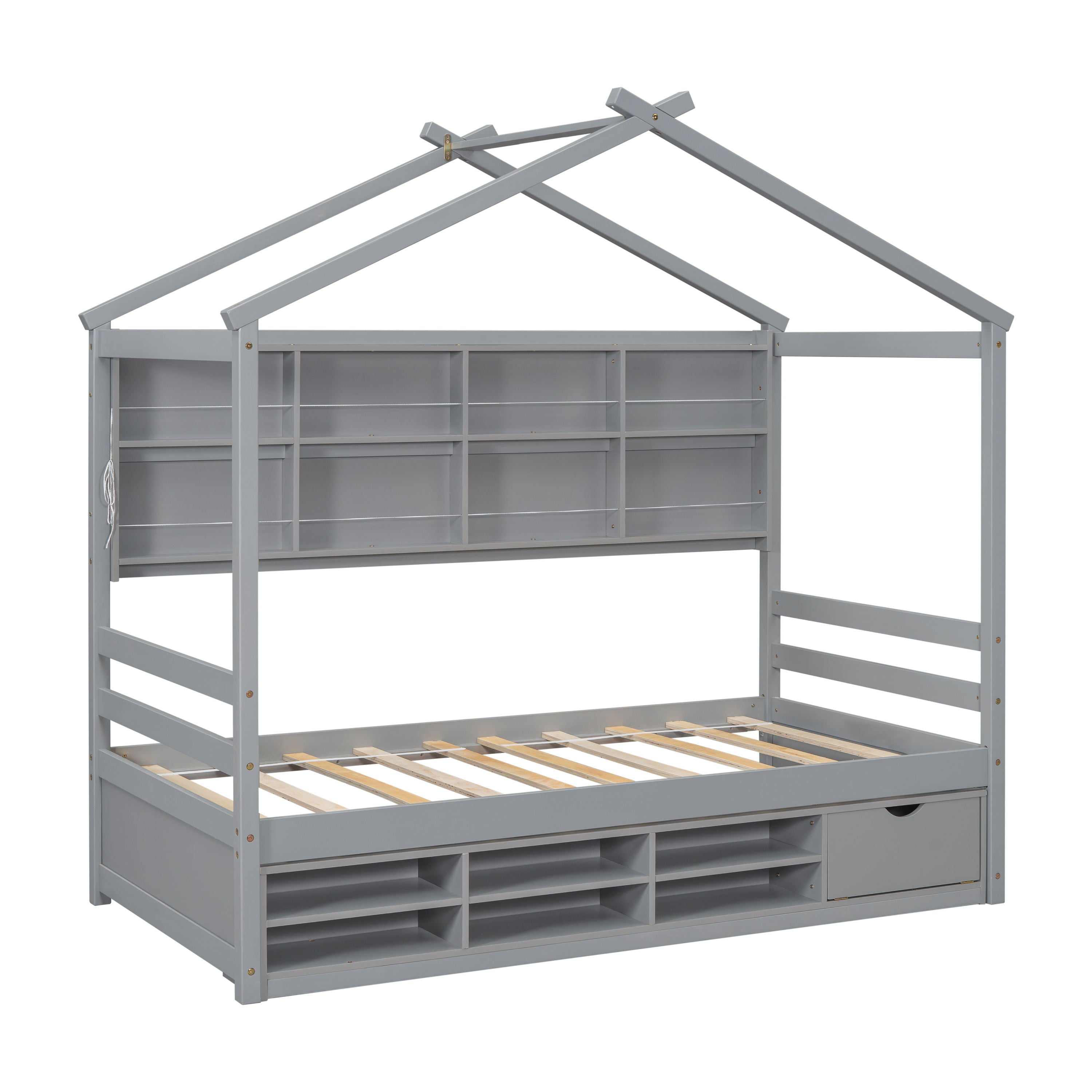 House Bed With Roof Frame, Bedside-Shelves, Under Bed Storage Unit