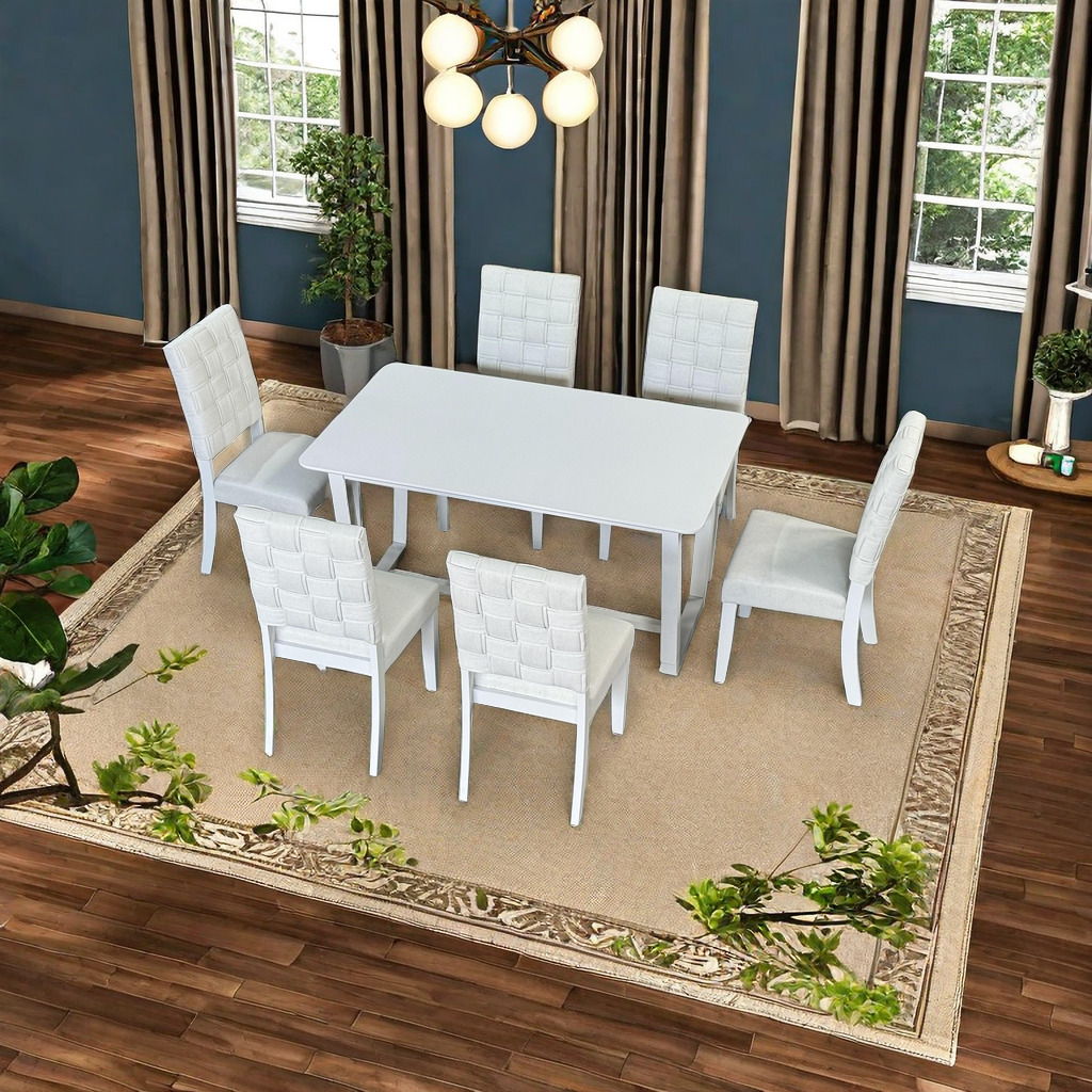 7 Pieces Dining Set Include 6 Chairs linen & Rubber Wood Legs And 1 Table - Light Beige